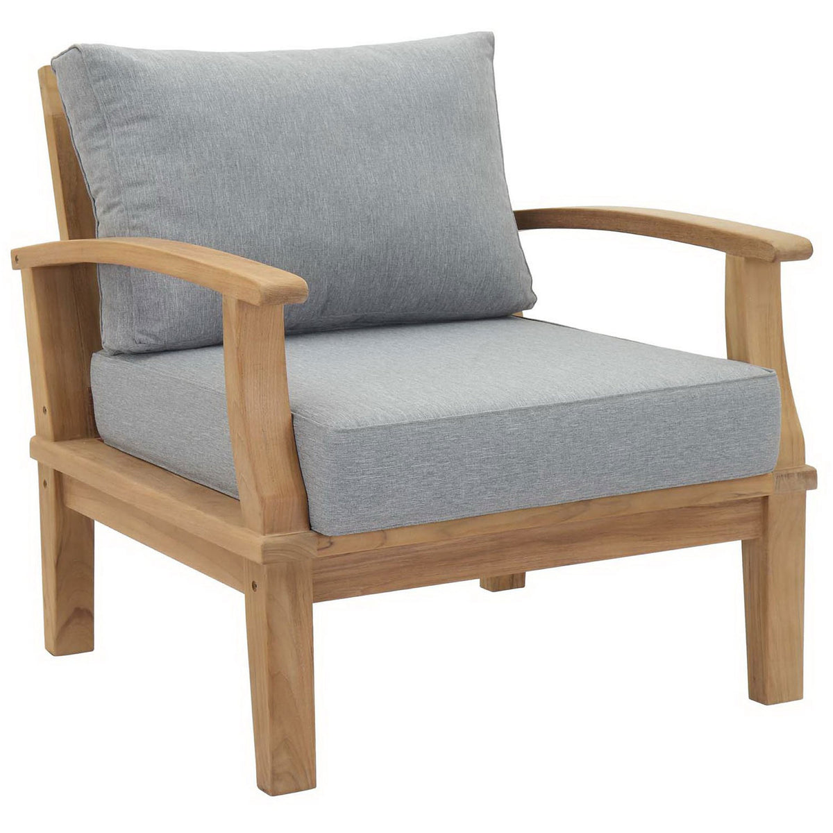 Curved teak arms and deep gray cushions create a cozy outdoor lounge chair || EEI-1143-NAT-GRY-SET || front_angle_studio