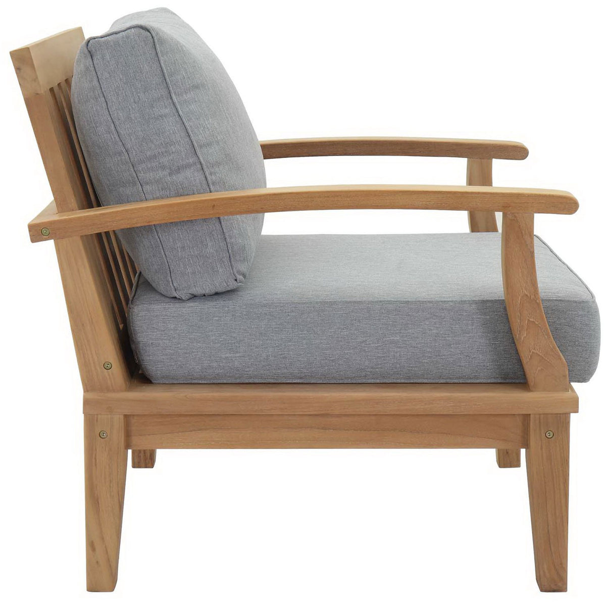 Sturdy teak frame and thick gray cushions provide lasting outdoor comfort || EEI-1143-NAT-GRY-SET || side_studio