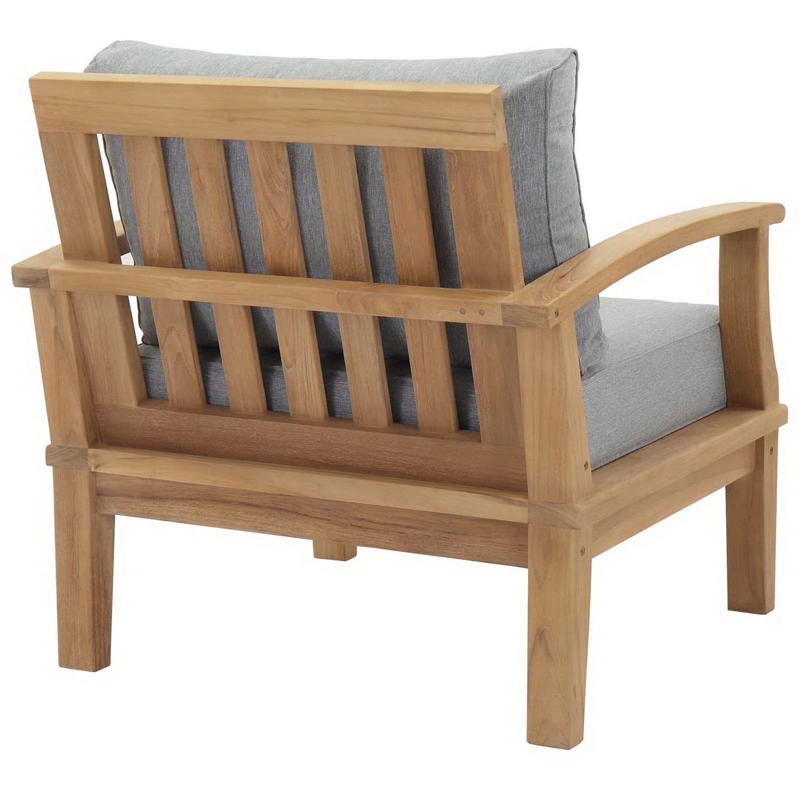 Slatted teak backrest and smooth joinery highlight this gray cushioned armchair || EEI-1143-NAT-GRY-SET || back_angle_studio