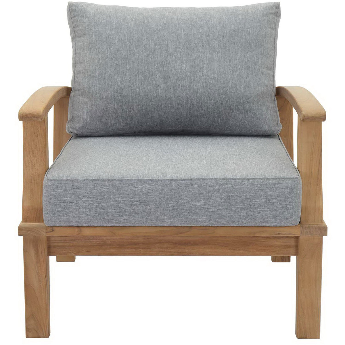 Teak outdoor armchair with thick gray cushions for relaxed patio seating || EEI-1143-NAT-GRY-SET || front_studio