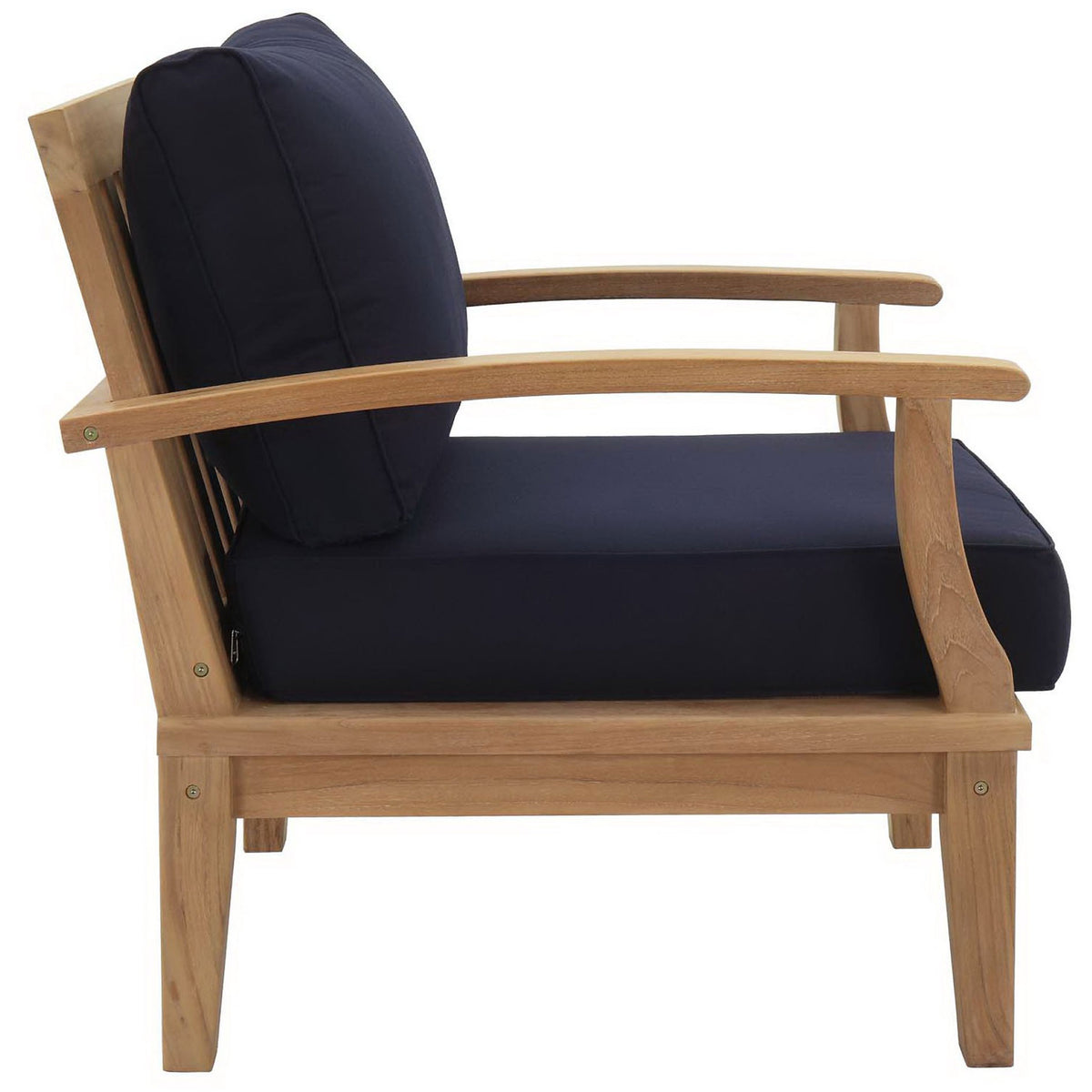 Supportive teak base and thick navy cushions offer durable outdoor comfort || EEI-1143-NAT-NAV-SET || side_studio