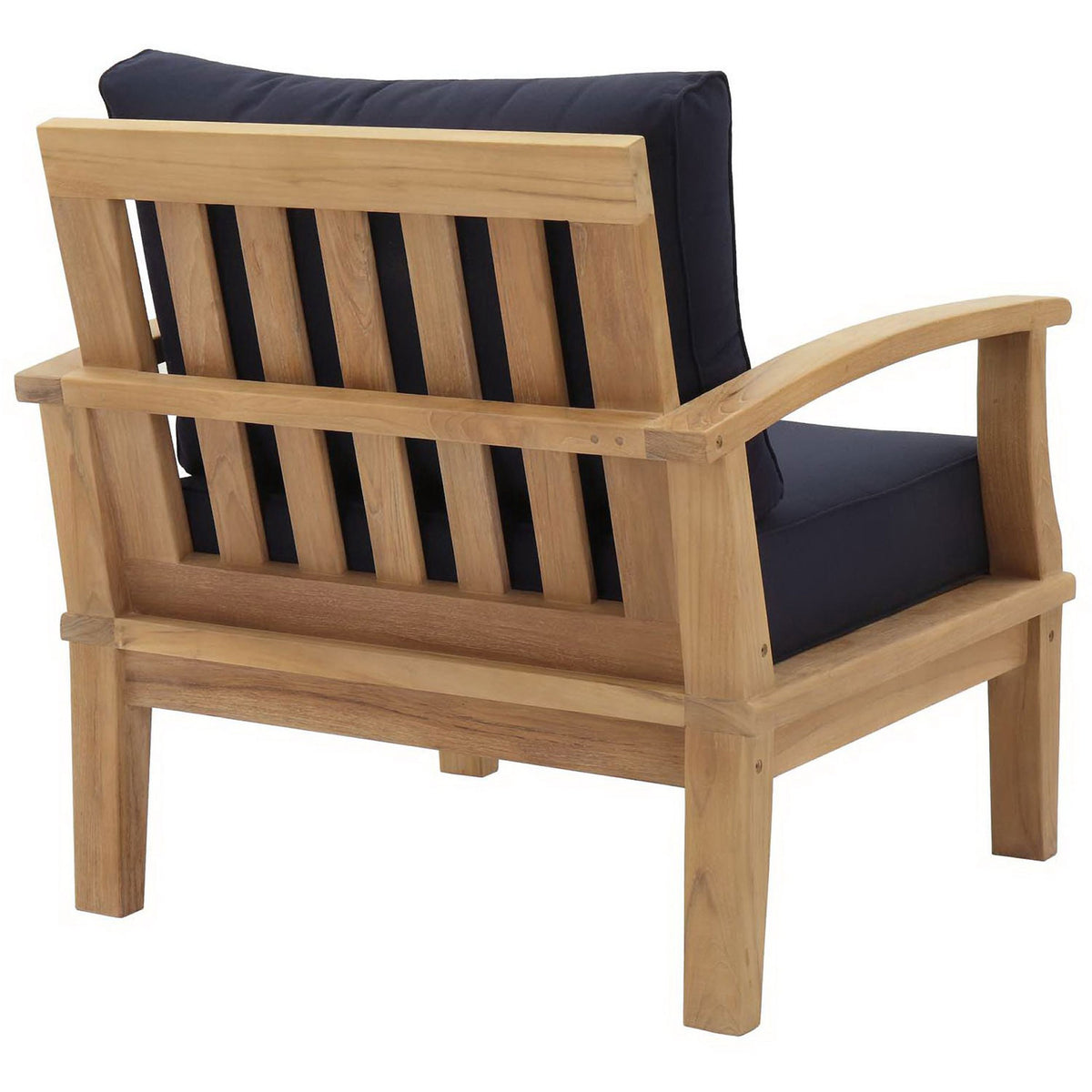 Open slatted teak back and rich navy cushions emphasize this patio armchair design || EEI-1143-NAT-NAV-SET || back_angle_studio