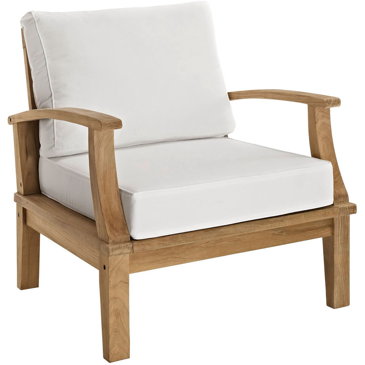 Natural teak frame and plush white cushions create an inviting outdoor lounge chair || EEI-1143-NAT-WHI-SET || front_angle_studio