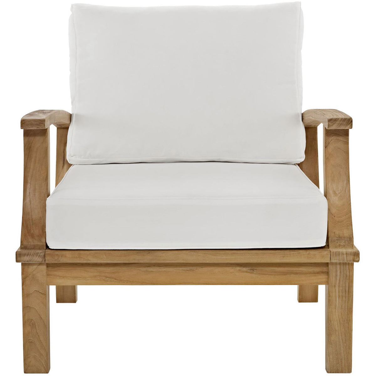 Teak outdoor armchair with crisp white cushions for fresh patio style || EEI-1143-NAT-WHI-SET || front_studio