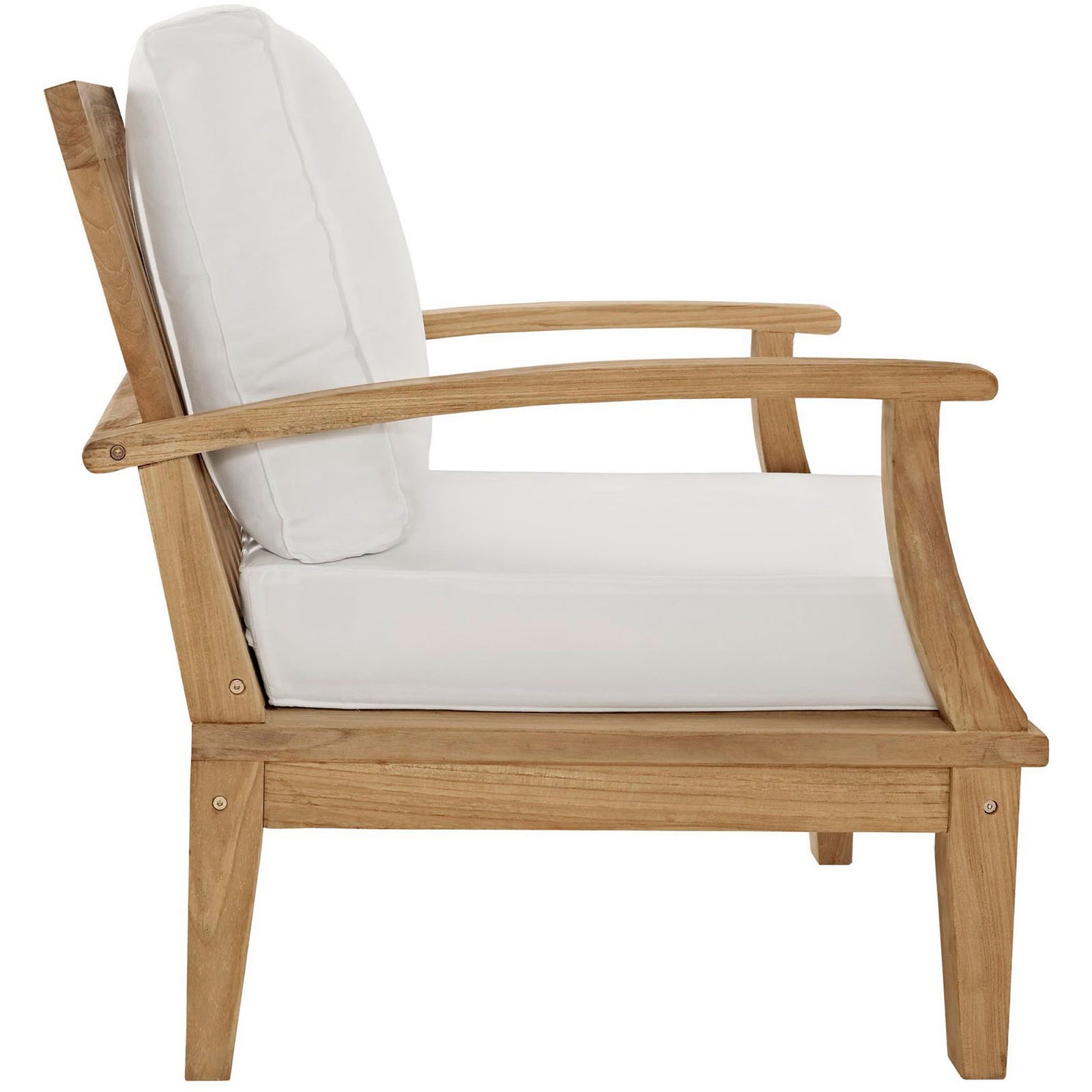 Low-slung teak base and thick white cushions deliver relaxed poolside comfort || EEI-1143-NAT-WHI-SET || side_studio
