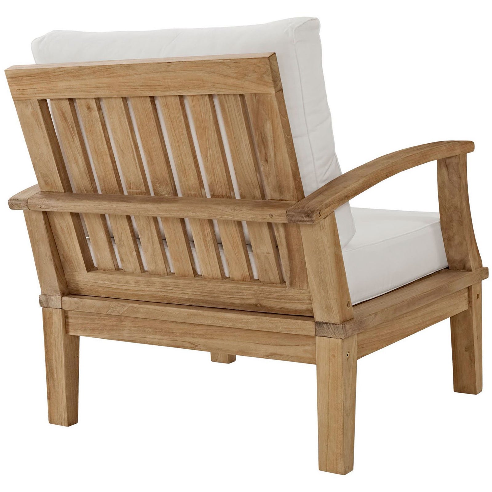 Slatted teak backrest and clean white cushions showcase modern outdoor design || EEI-1143-NAT-WHI-SET || back_angle_studio