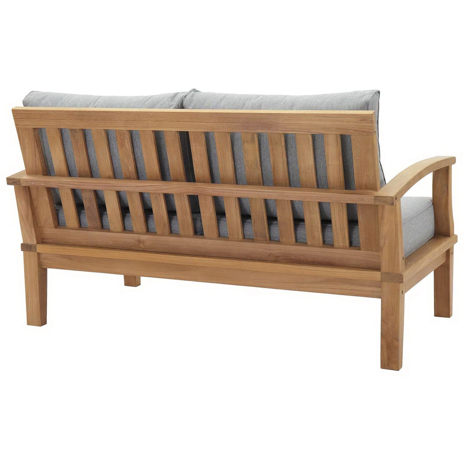 Slatted teak back and graceful arms create an airy gray cushioned loveseat for the patio || EEI-1144-NAT-GRY-SET || back_angle_studio