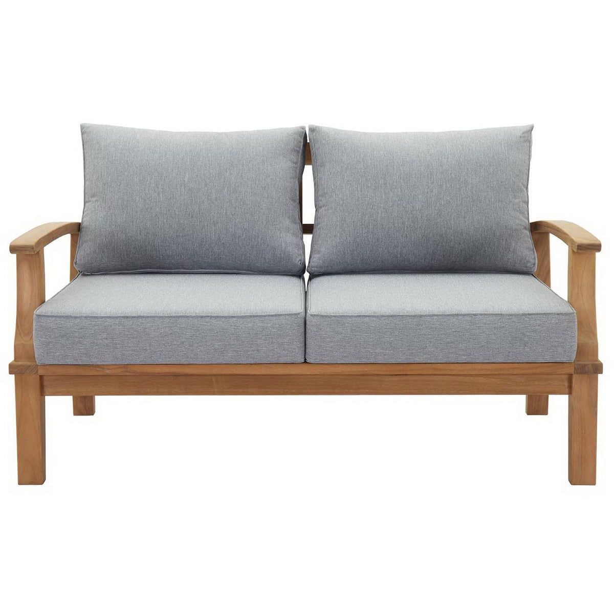 Spacious two seat teak loveseat with tailored gray cushions and gently curved arms || EEI-1144-NAT-GRY-SET || front_studio