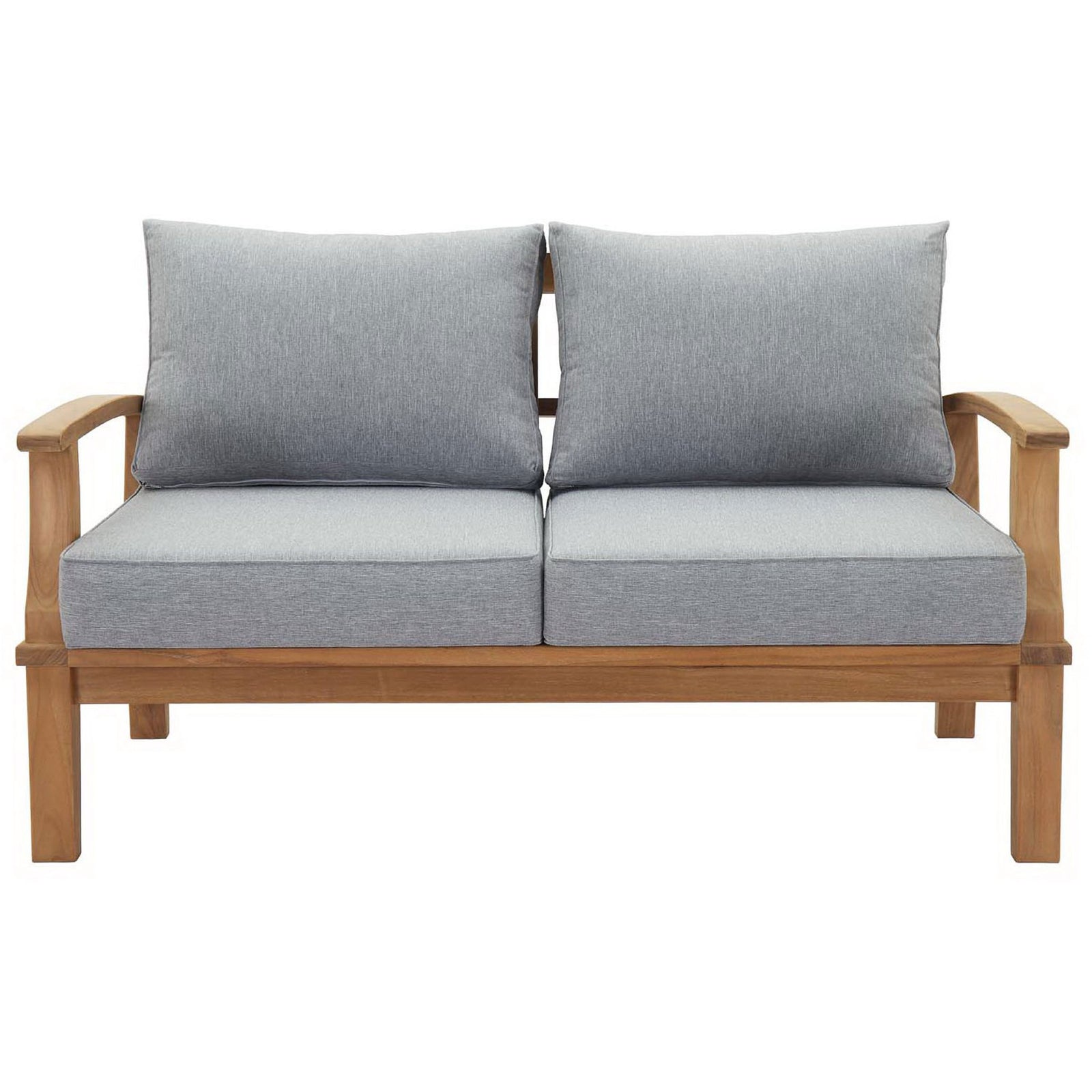 Spacious two seat teak loveseat with tailored gray cushions and gently curved arms || EEI-1144-NAT-GRY-SET || front_studio