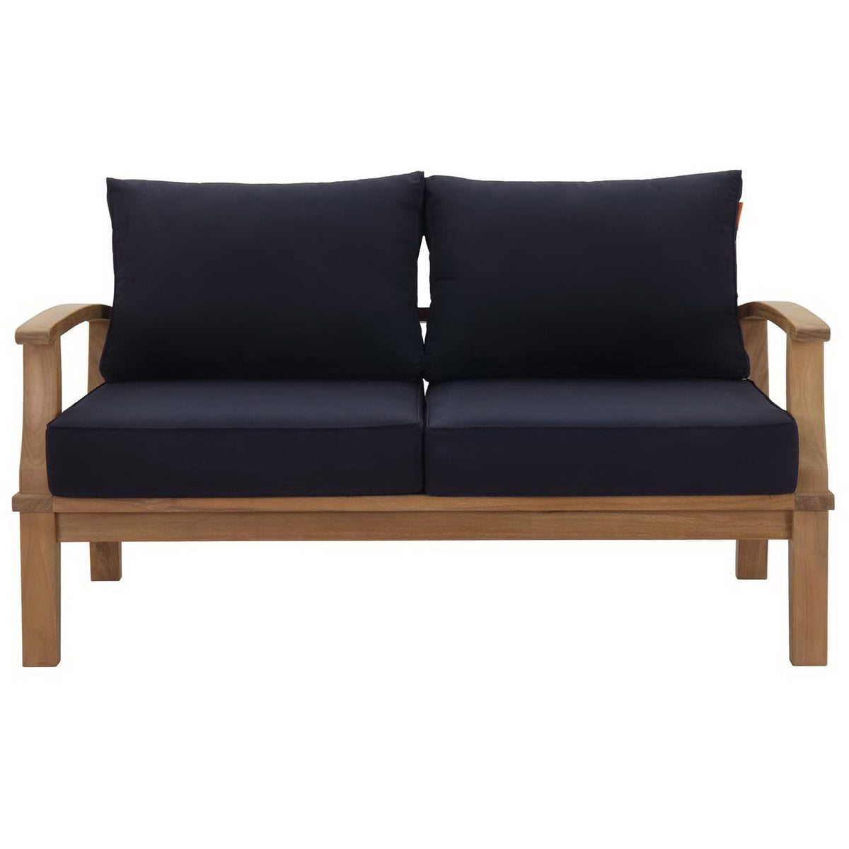 Generous two seat teak loveseat with clean navy cushions and softly curved arms || EEI-1144-NAT-NAV-SET || front_studio