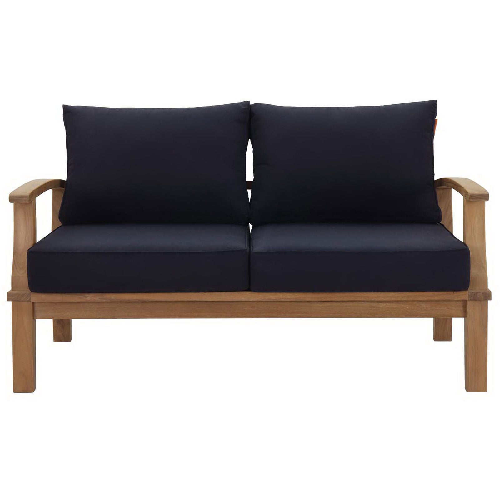 Generous two seat teak loveseat with clean navy cushions and softly curved arms || EEI-1144-NAT-NAV-SET || front_studio