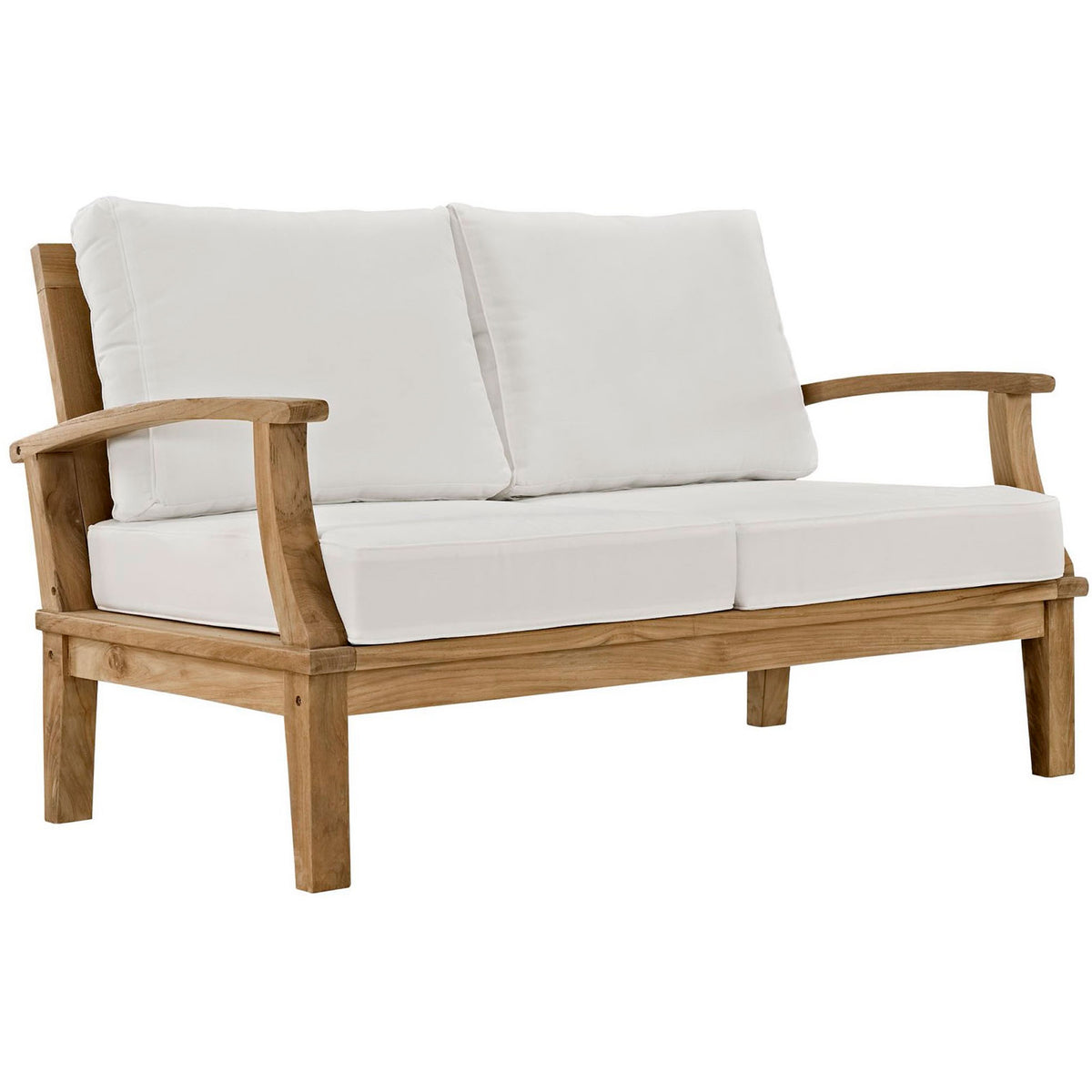 Teak patio loveseat with crisp white cushions brings airy comfort to outdoor seating || EEI-1144-NAT-WHI-SET || front_angle_studio