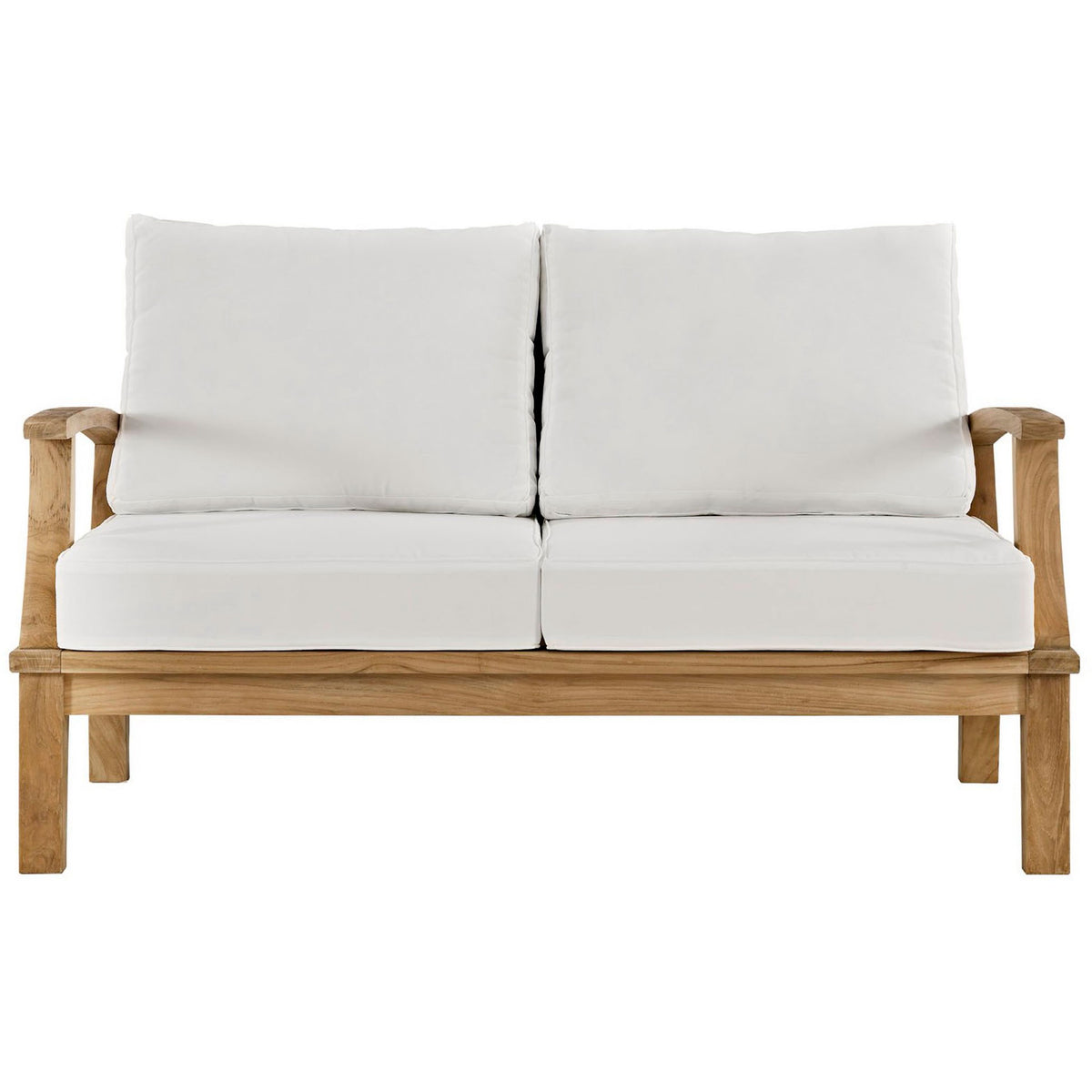 Inviting two seat teak loveseat with smooth white cushions and gently rounded arms || EEI-1144-NAT-WHI-SET || front_studio