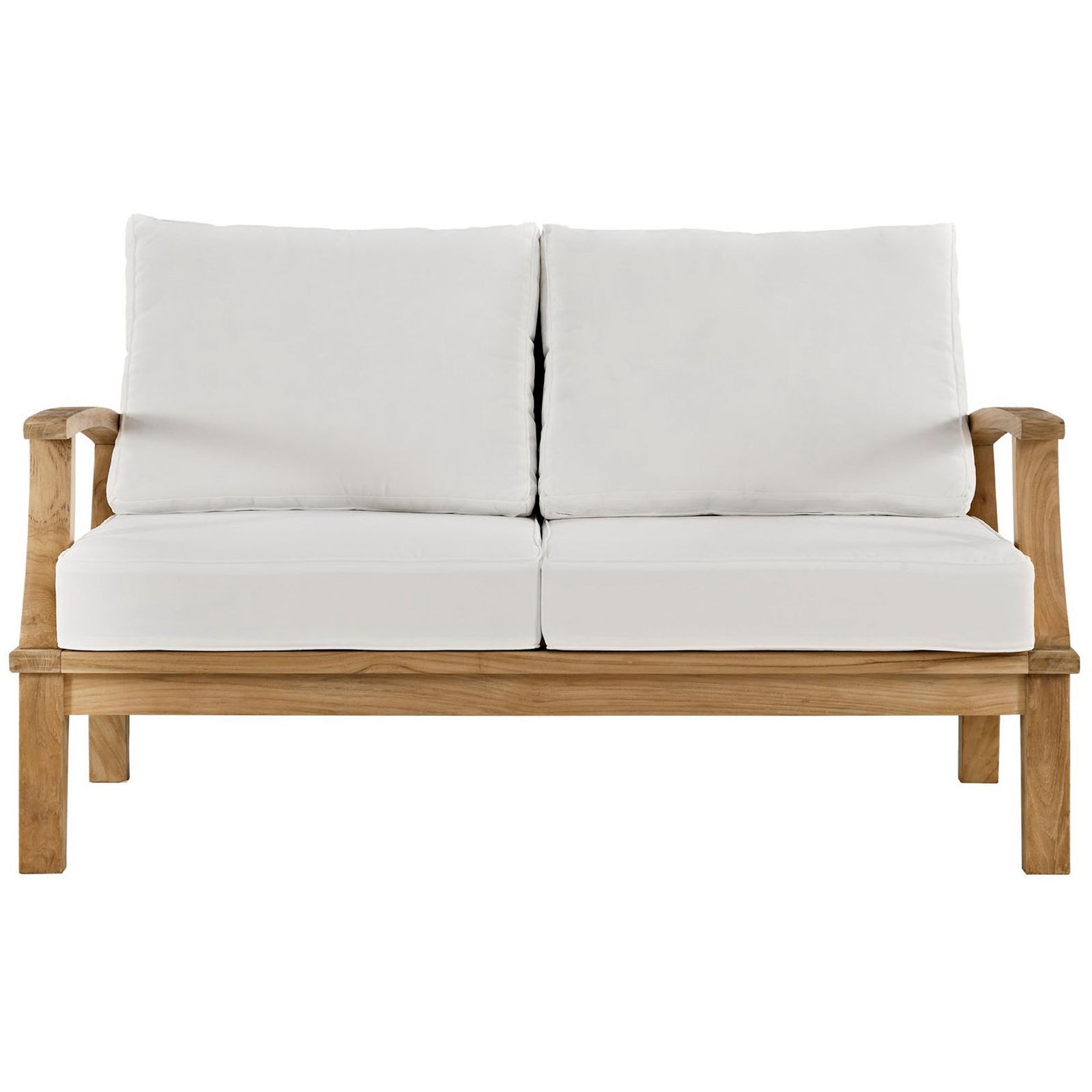 Inviting two seat teak loveseat with smooth white cushions and gently rounded arms || EEI-1144-NAT-WHI-SET || front_studio