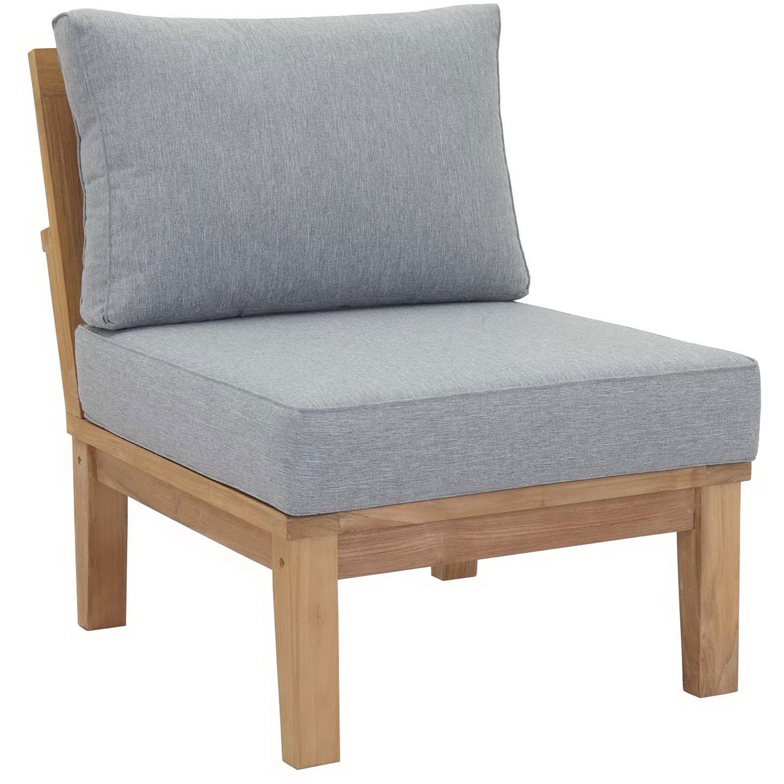 Natural teak base and plush gray cushions form a versatile modular outdoor seat || EEI-1150-NAT-GRY-SET || front_angle_studio