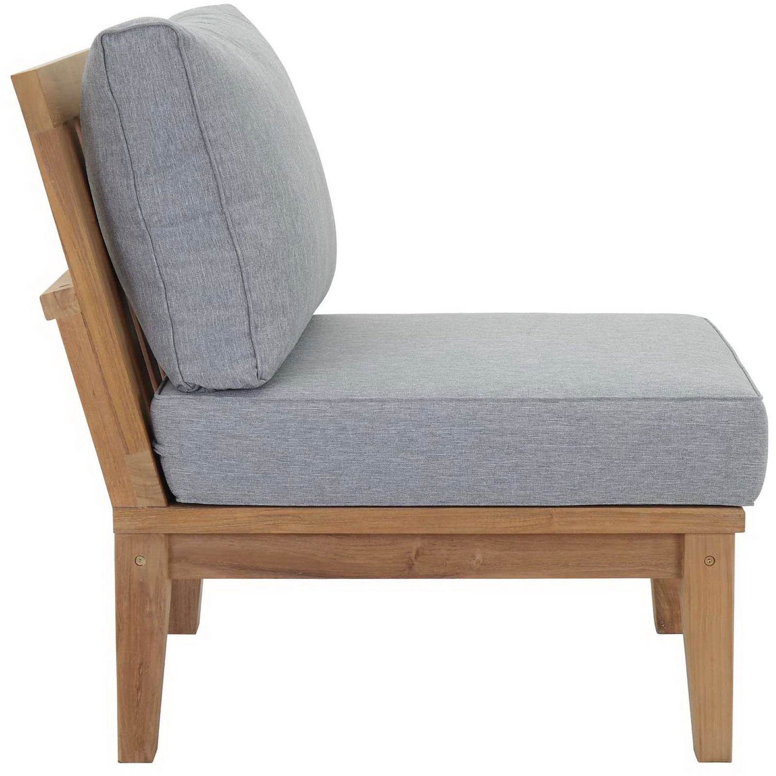 Supportive teak frame and deep gray cushions provide relaxed armless lounge comfort || EEI-1150-NAT-GRY-SET || side_studio