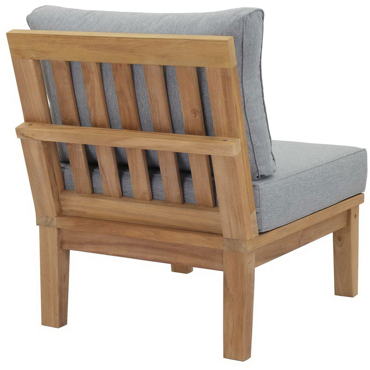 Vertical teak slats and sturdy frame define this gray cushioned armless patio chair || EEI-1150-NAT-GRY-SET || back_angle_studio