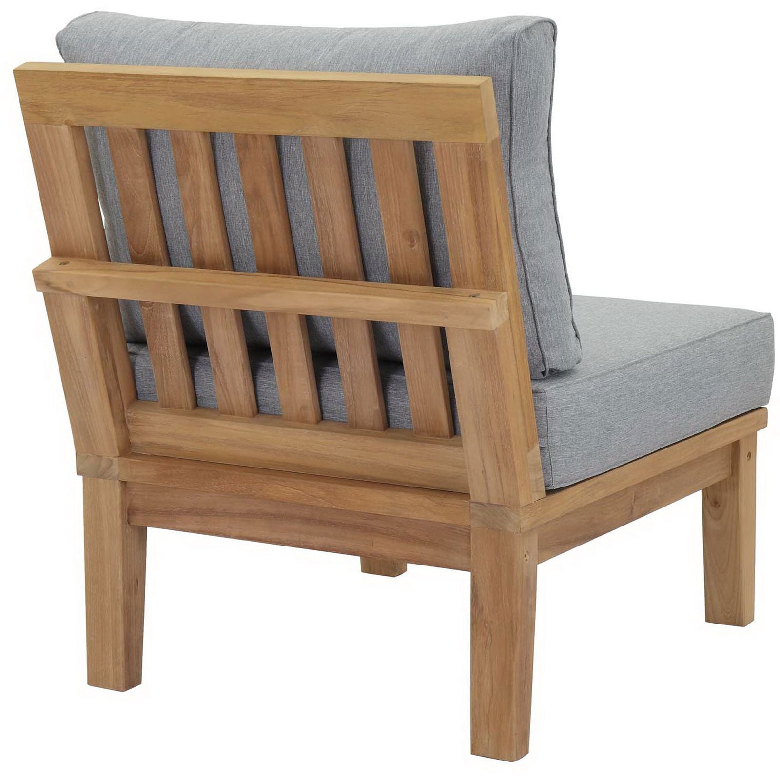 Vertical teak slats and sturdy frame define this gray cushioned armless patio chair || EEI-1150-NAT-GRY-SET || back_angle_studio