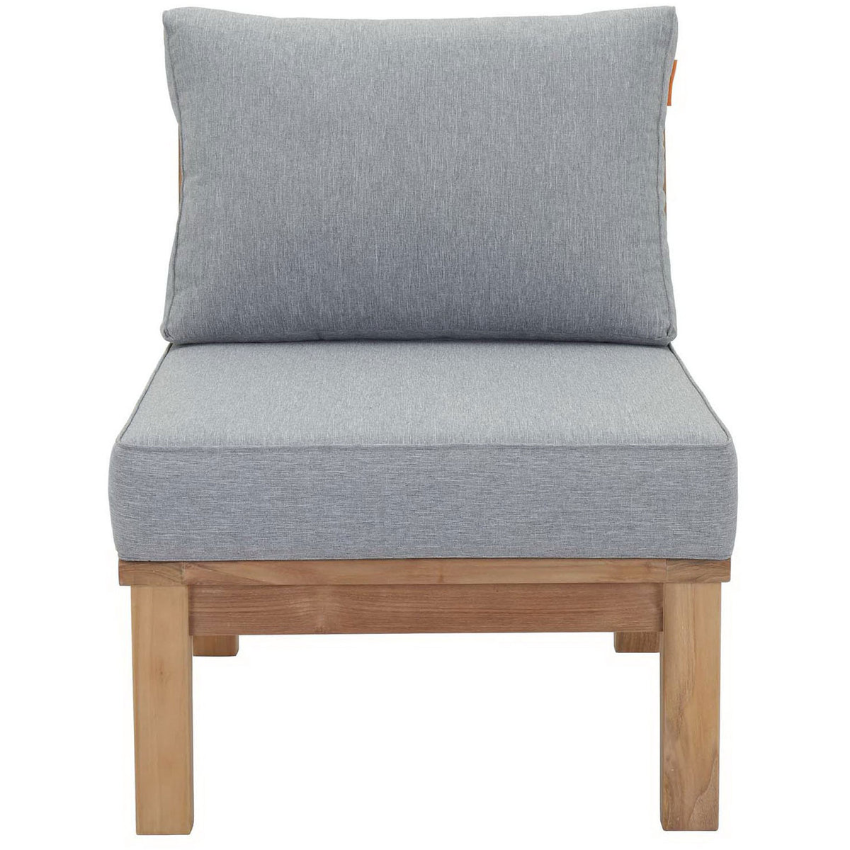 Teak armless outdoor chair with thick gray cushions for flexible patio seating || EEI-1150-NAT-GRY-SET || front_studio