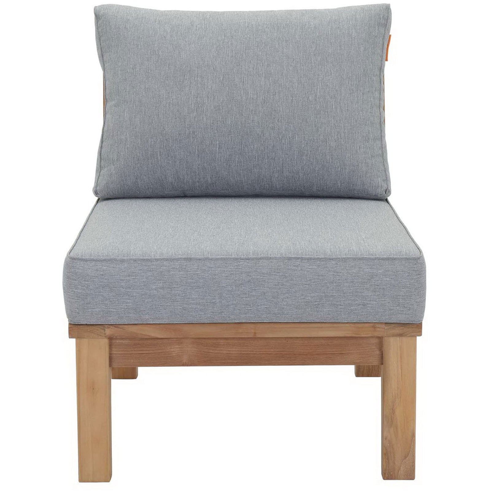 Teak armless outdoor chair with thick gray cushions for flexible patio seating || EEI-1150-NAT-GRY-SET || front_studio