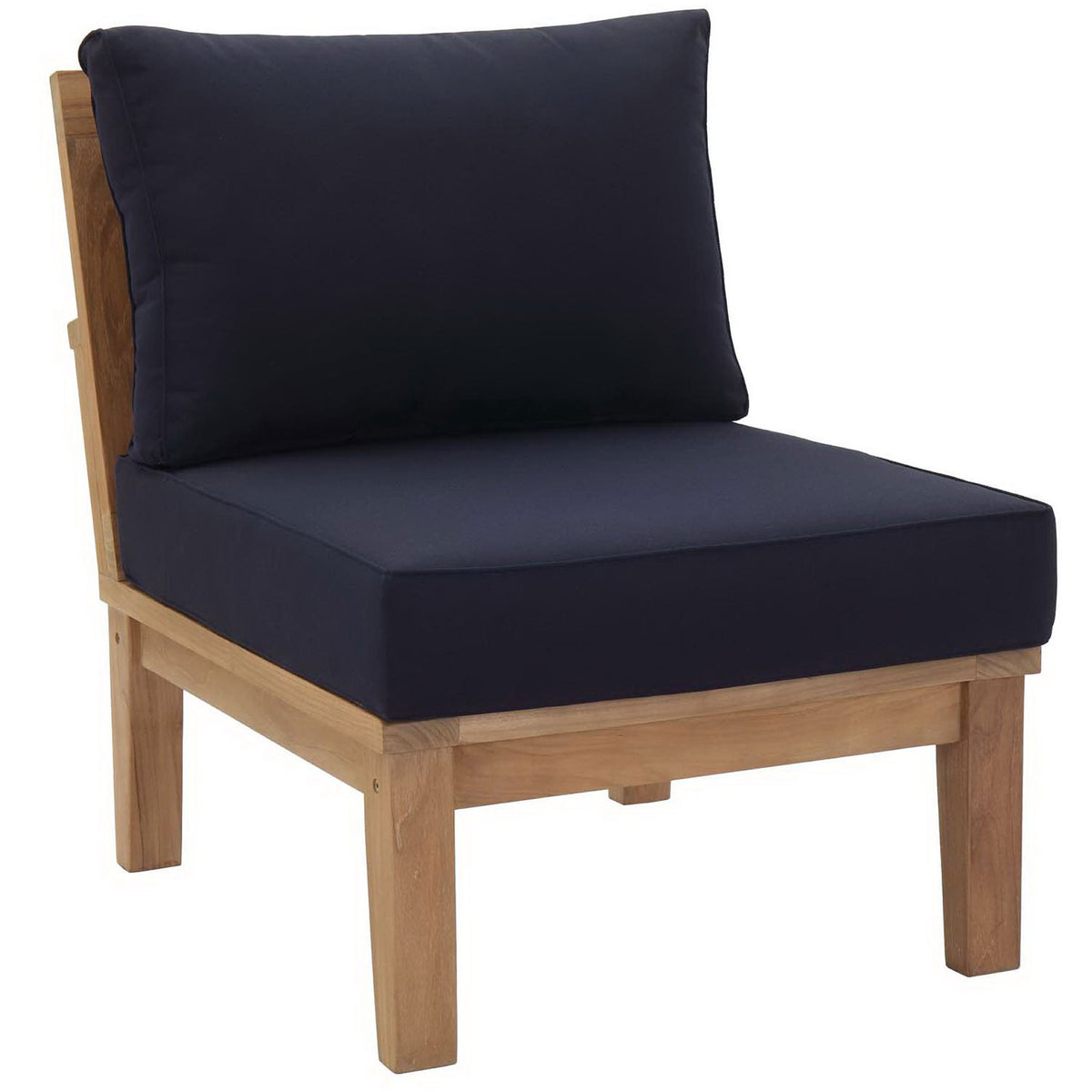 Warm teak base and plush navy cushions create a sleek contemporary patio seat || EEI-1150-NAT-NAV-SET || front_angle_studio
