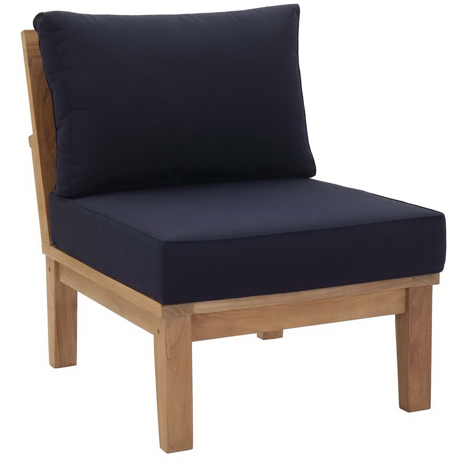 Warm teak base and plush navy cushions create a sleek contemporary patio seat || EEI-1150-NAT-NAV-SET || front_angle_studio