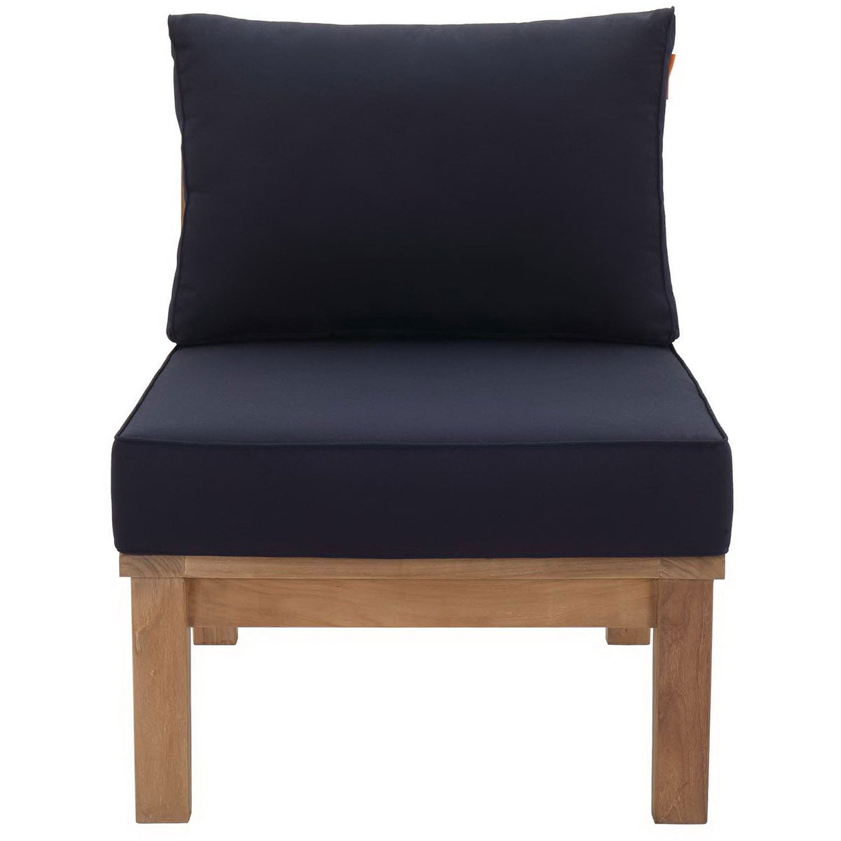 Teak armless outdoor chair with deep navy cushions for bold modular seating || EEI-1150-NAT-NAV-SET || front_studio