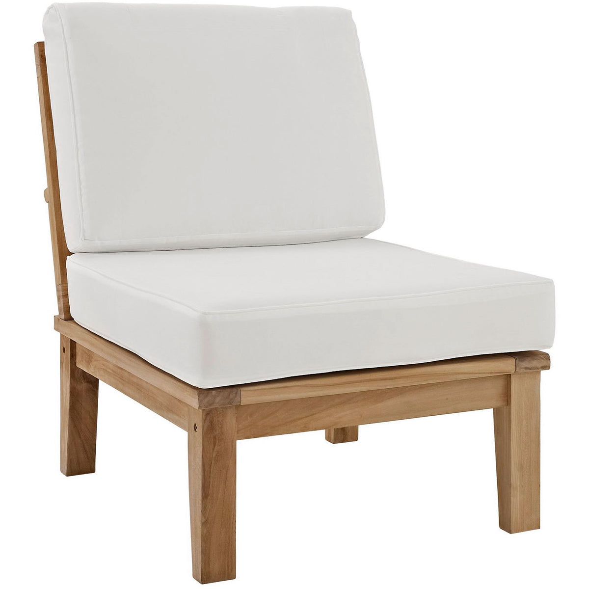 Natural teak frame and plush white cushions form a versatile modular patio seat || EEI-1150-NAT-WHI-SET || front_angle_studio