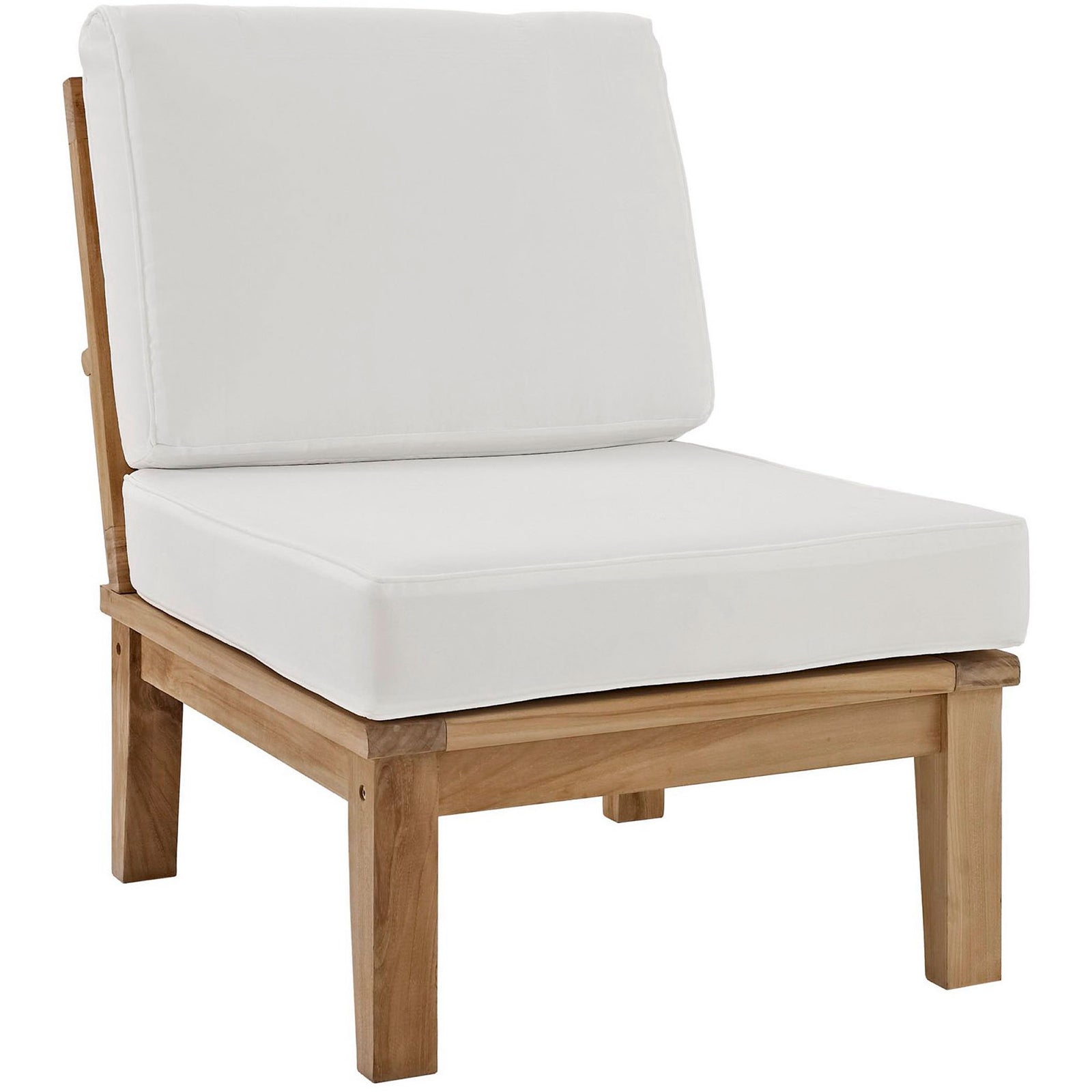 Natural teak frame and plush white cushions form a versatile modular patio seat || EEI-1150-NAT-WHI-SET || front_angle_studio