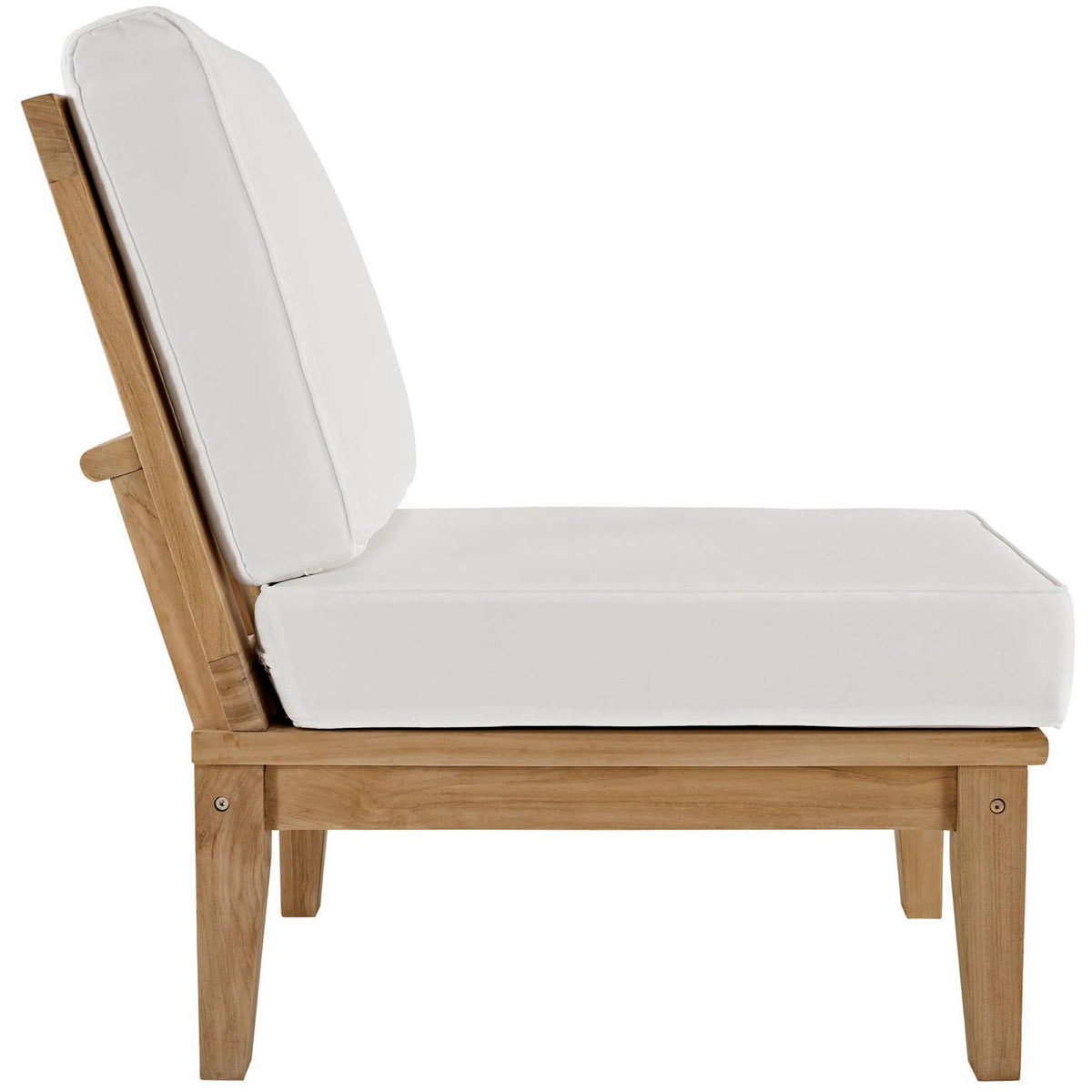 Simple teak base and thick white cushions create relaxed poolside comfort || EEI-1150-NAT-WHI-SET || side_studio