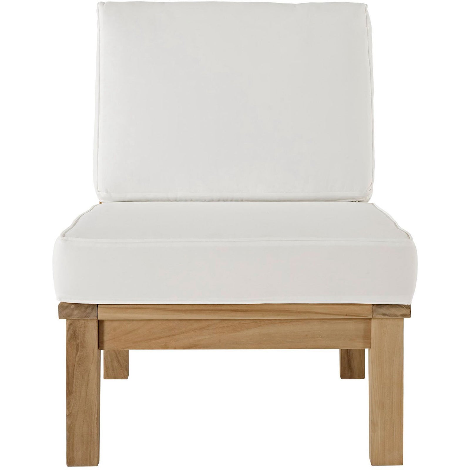 Teak armless outdoor chair with crisp white cushions for clean modern seating || EEI-1150-NAT-WHI-SET || front_studio
