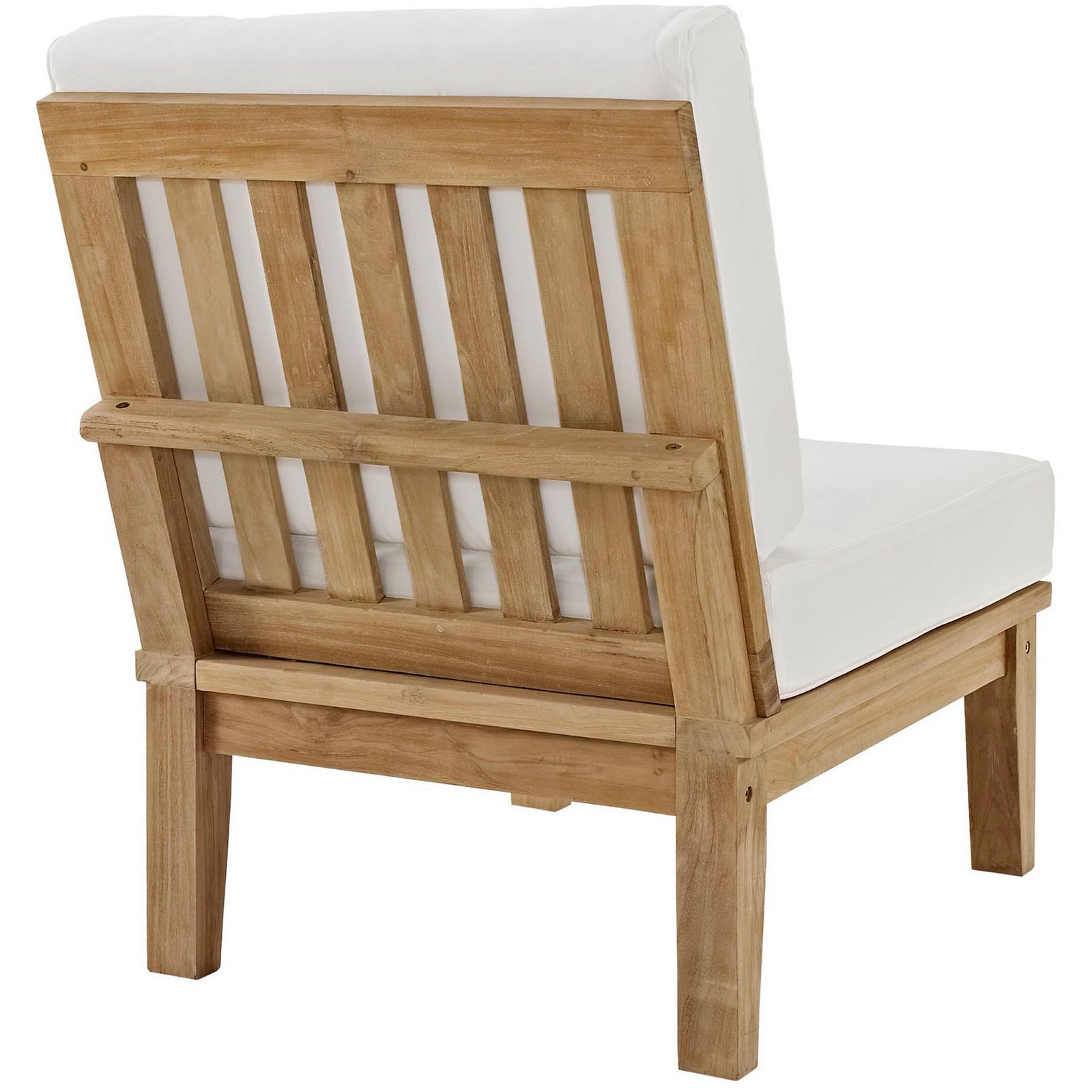 Slatted teak backrest contrasts with bright white cushions for airy outdoor style || EEI-1150-NAT-WHI-SET || back_angle_studio