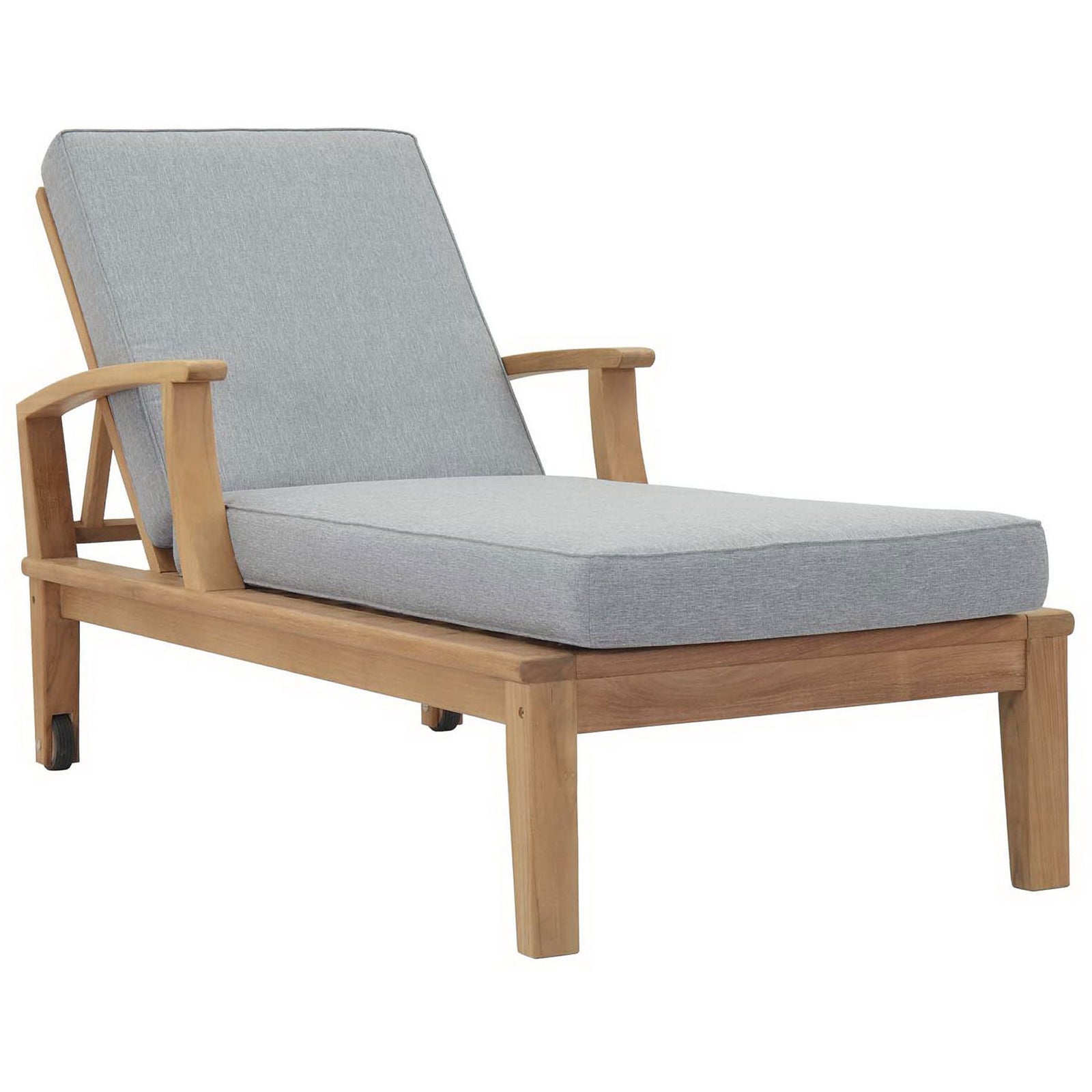 Modern teak patio chaise with gray cushions and gently curved armrests on sturdy base || EEI-1151-NAT-GRY-SET || front_angle_studio