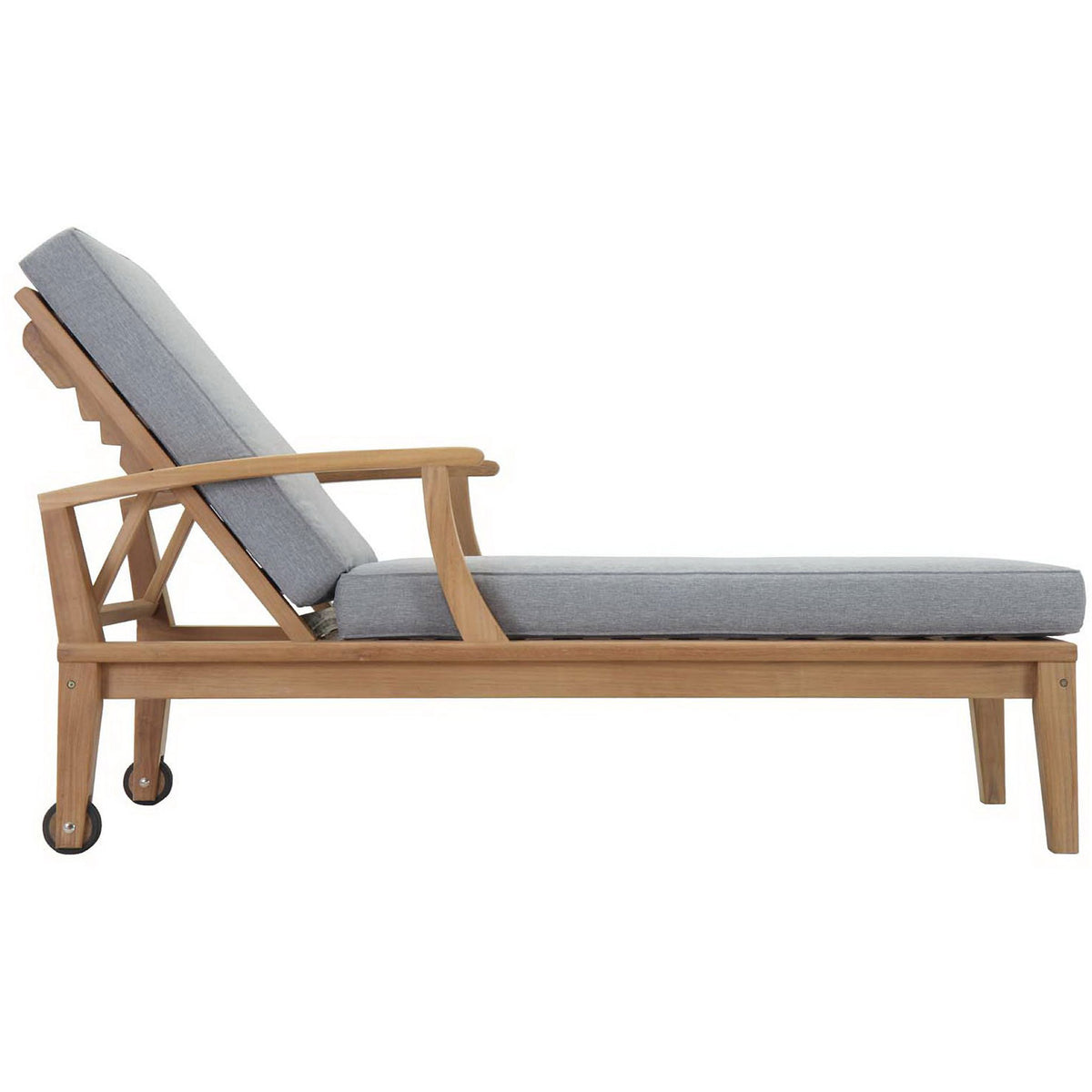Low-profile teak chaise lounge with gray cushions and rear wheels for easy repositioning || EEI-1151-NAT-GRY-SET || side_studio