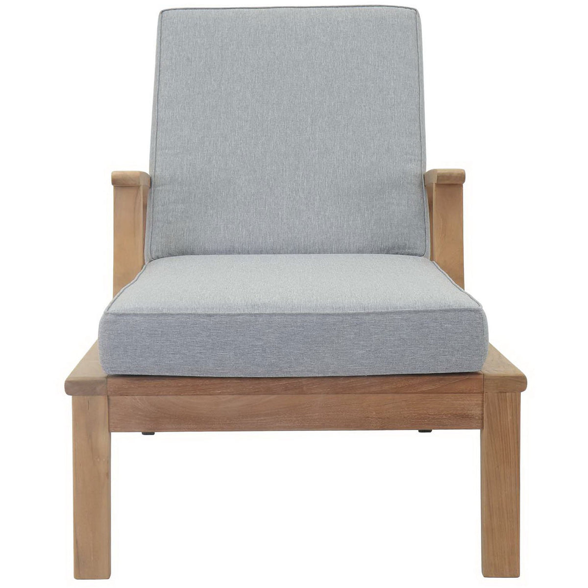 Teak outdoor chaise lounge with gray cushions and supportive backrest || EEI-1151-NAT-GRY-SET || front_studio
