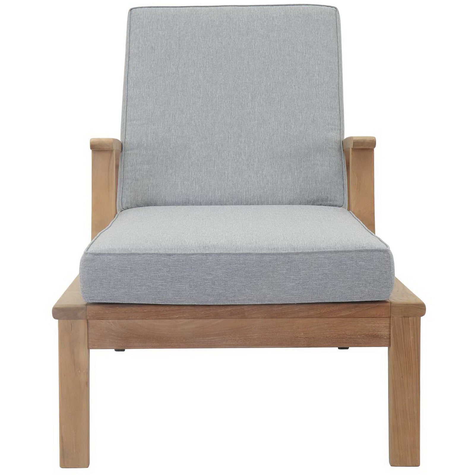 Teak outdoor chaise lounge with gray cushions and supportive backrest || EEI-1151-NAT-GRY-SET || front_studio