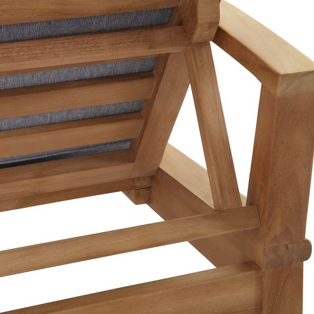 Solid teak frame construction with angular support braces and warm natural wood grain || EEI-1151-NAT-GRY-SET || detail_studio