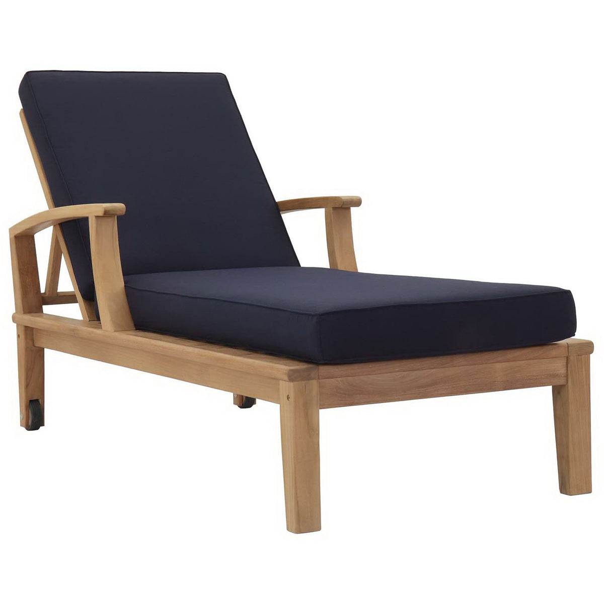 Modern teak patio chaise with navy cushions and gently curved armrests on sturdy base || EEI-1151-NAT-NAV-SET || front_angle_studio