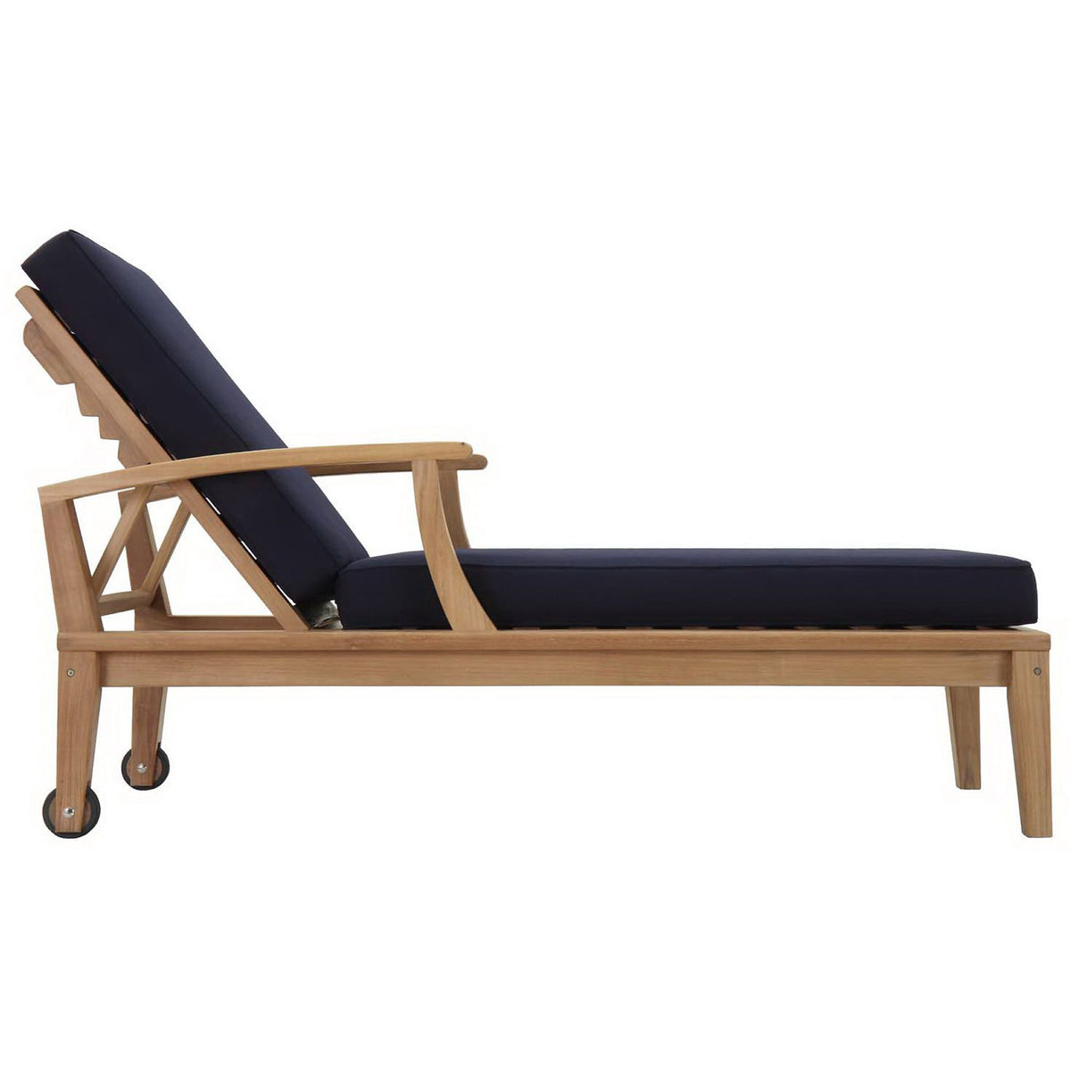 Low-profile teak chaise lounge with navy cushions and rear wheels for easy repositioning || EEI-1151-NAT-NAV-SET || side_studio