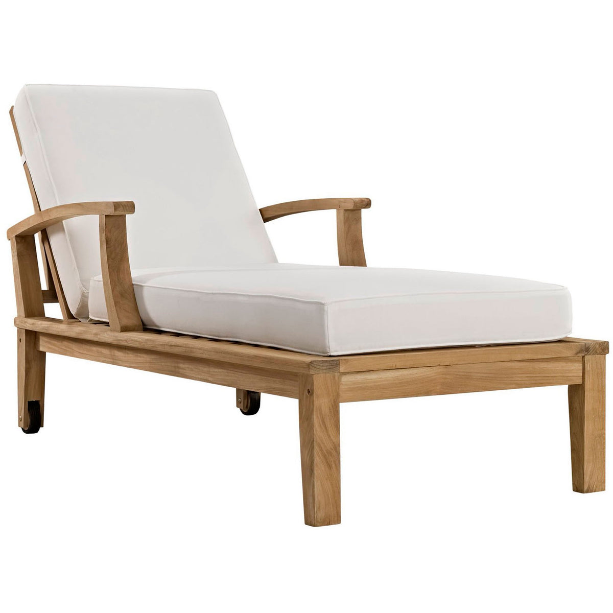 Modern teak patio chaise with white cushions and gently curved armrests on sturdy base || EEI-1151-NAT-WHI-SET || front_angle_studio