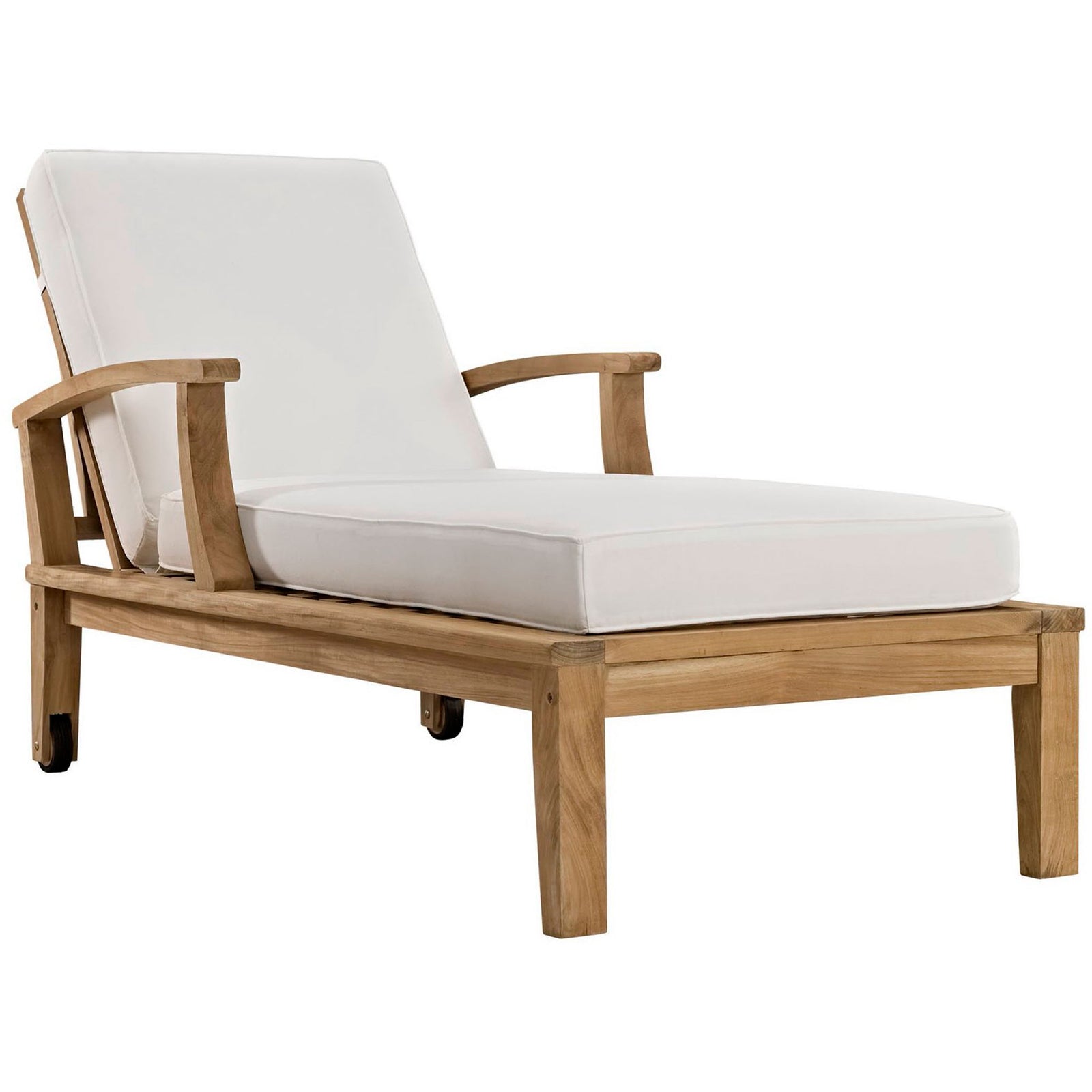 Modern teak patio chaise with white cushions and gently curved armrests on sturdy base || EEI-1151-NAT-WHI-SET || front_angle_studio