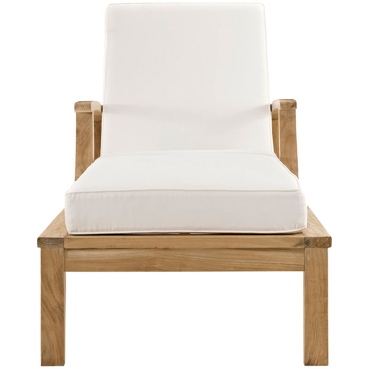 Teak outdoor chaise lounge with white cushions and supportive backrest for bright poolside style || EEI-1151-NAT-WHI-SET || front_studio