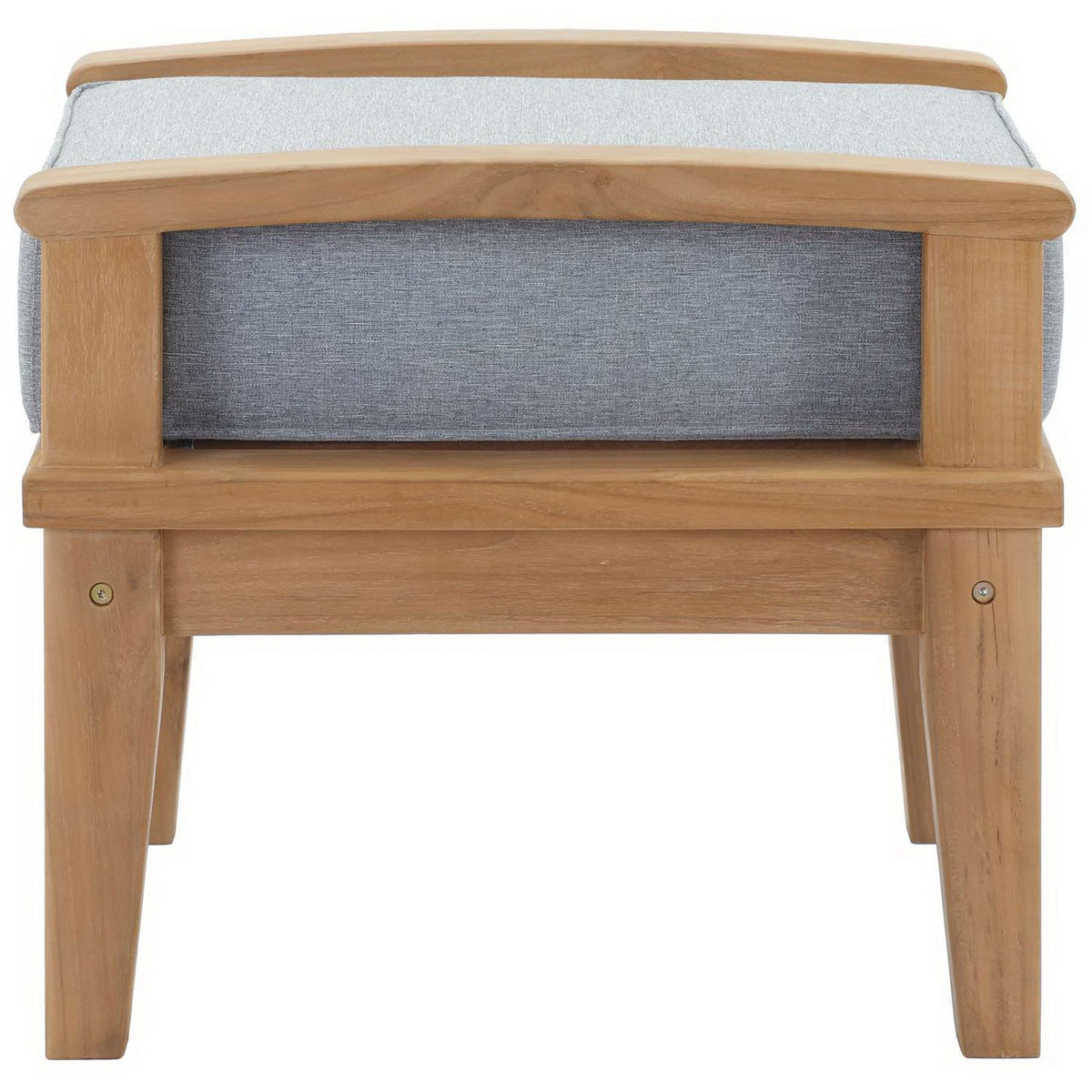 Compact teak patio ottoman showing the smooth gray cushion and sturdy wood frame. || EEI-1152-NAT-GRY-SET || side_studio