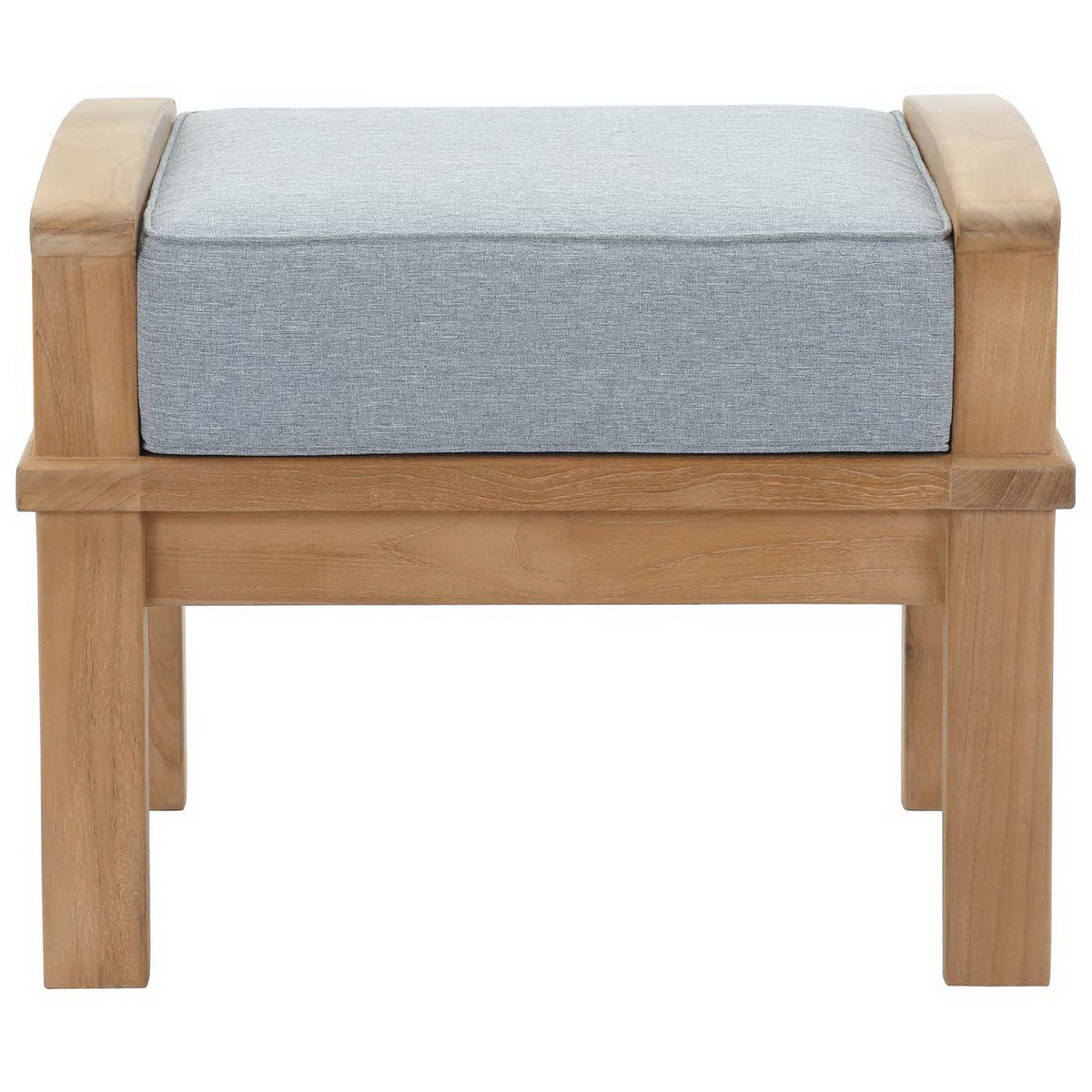 Teak ottoman with a boxy gray cushion and clean-lined frame for modern outdoor spaces. || EEI-1152-NAT-GRY-SET || front_studio
