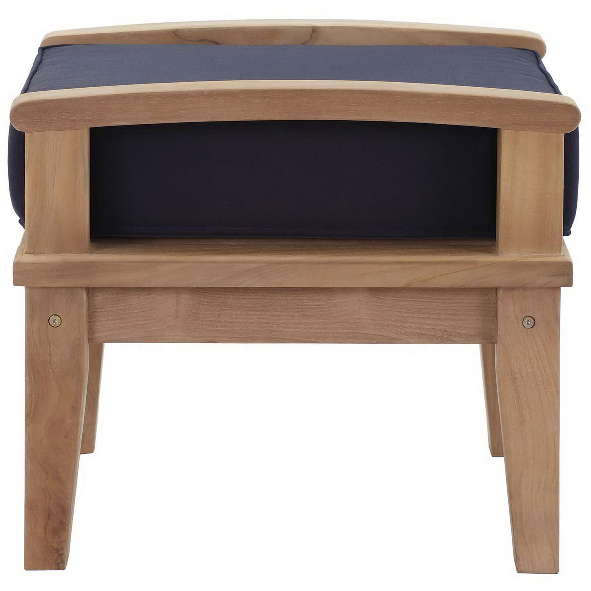 Compact teak patio ottoman with deep navy cushion and smooth wood frame. || EEI-1152-NAT-NAV-SET || side_studio