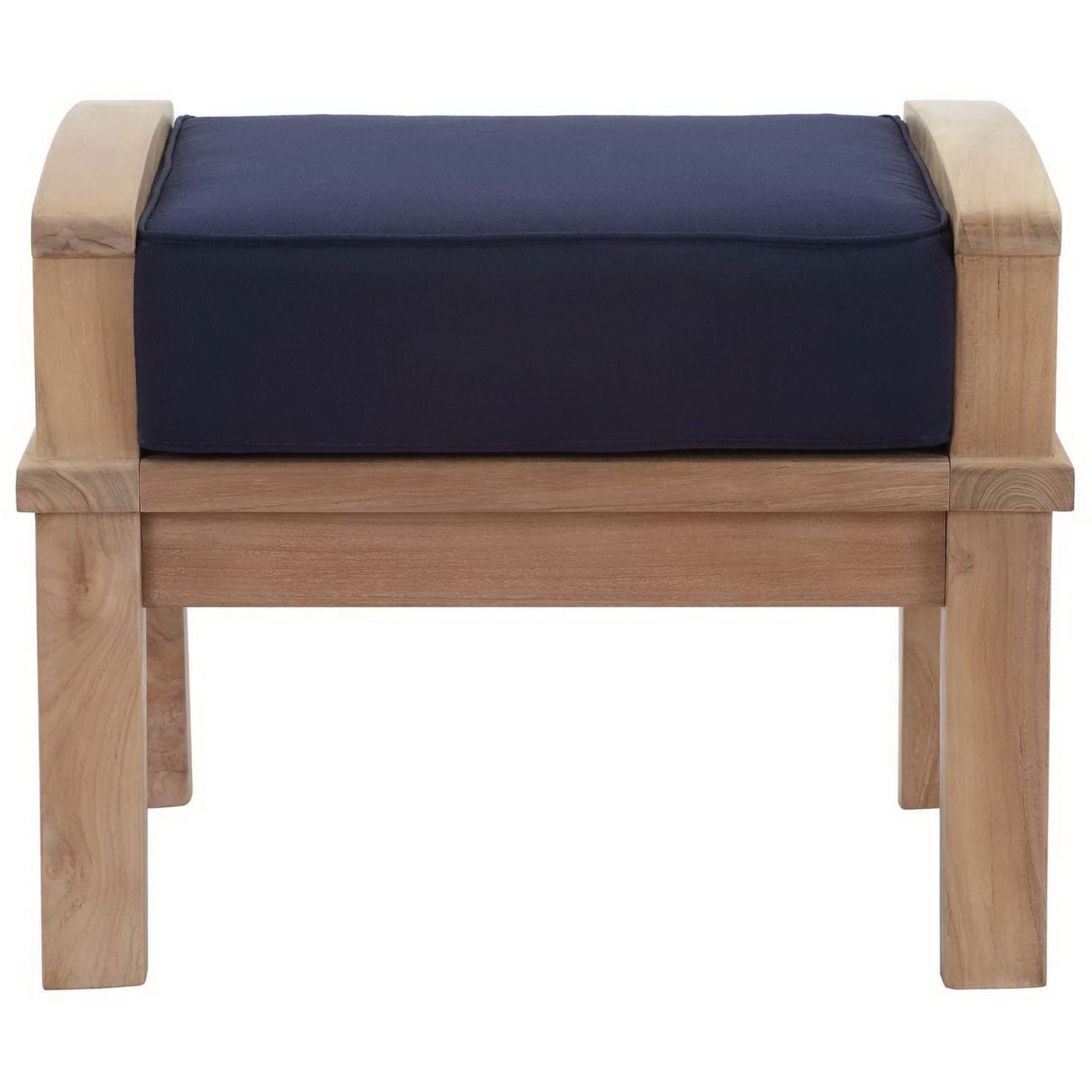 Teak ottoman with thick navy cushion and clean-lined frame for modern outdoor seating. || EEI-1152-NAT-NAV-SET || front_studio