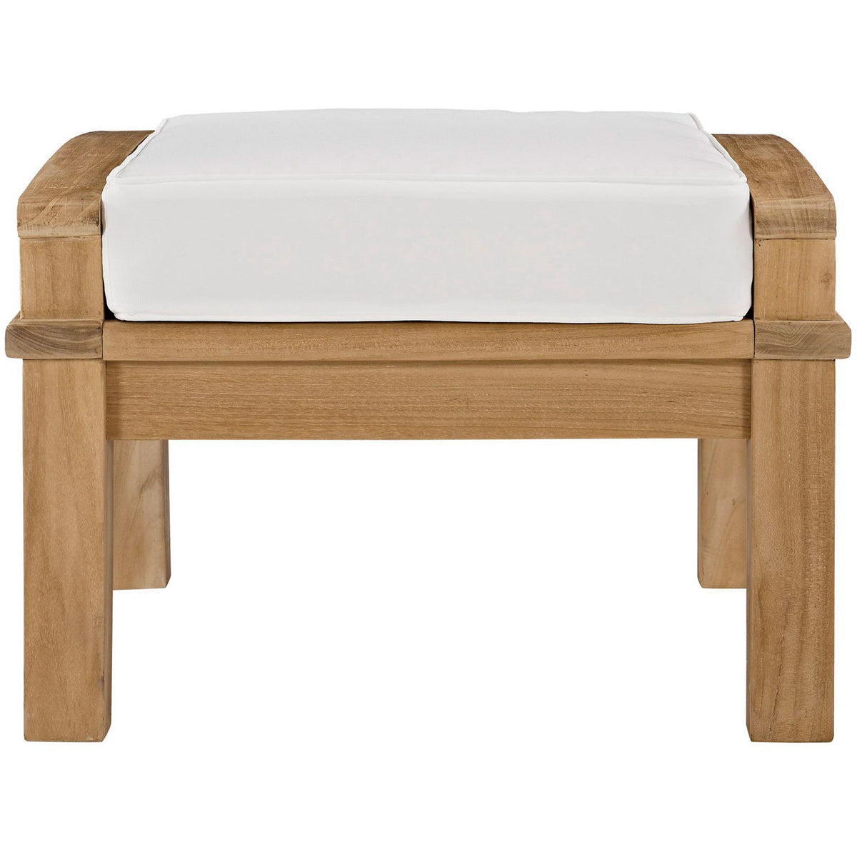 Teak ottoman with thick white cushion and sturdy frame for relaxed outdoor seating. || EEI-1152-NAT-WHI-SET || front_studio