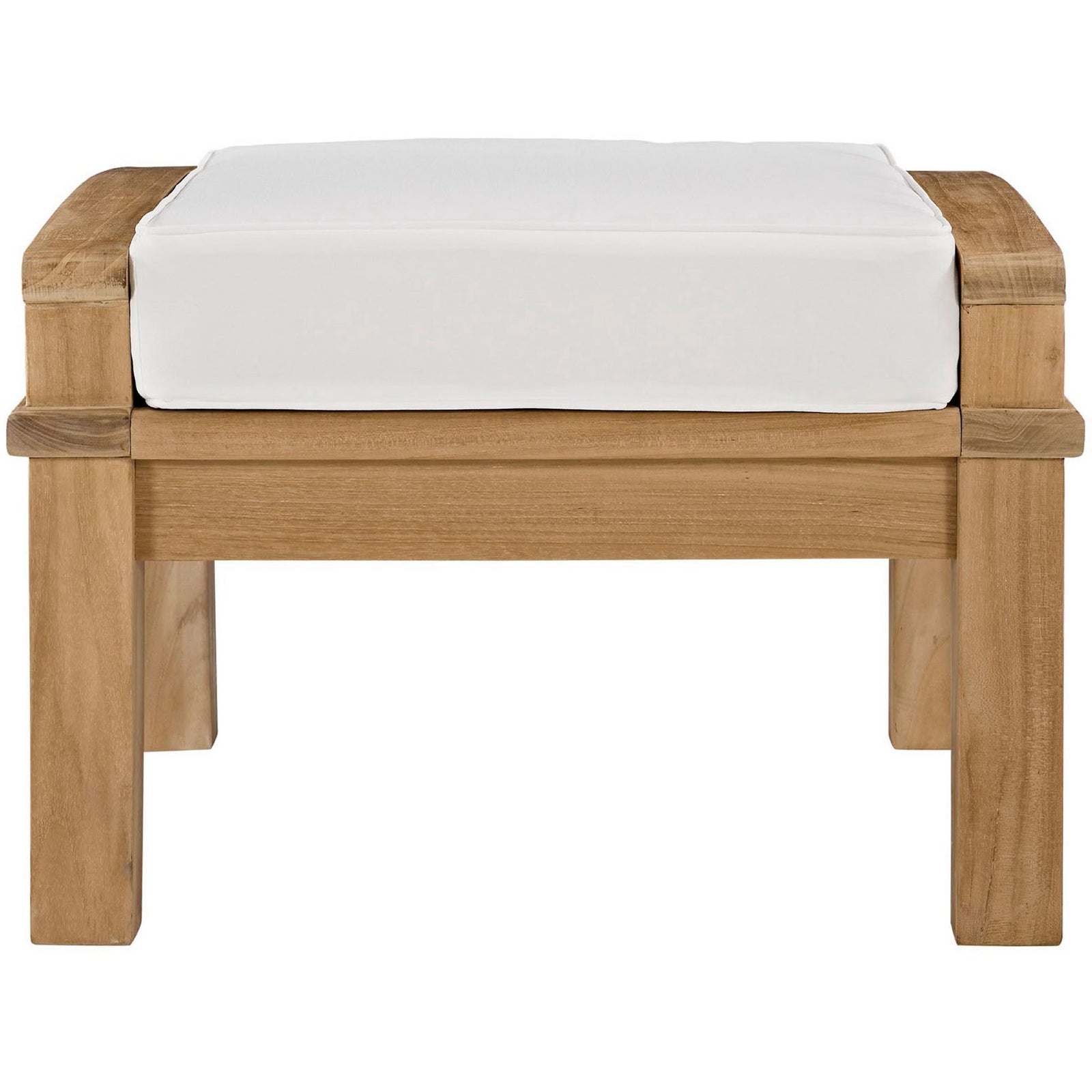 Teak ottoman with thick white cushion and sturdy frame for relaxed outdoor seating. || EEI-1152-NAT-WHI-SET || front_studio