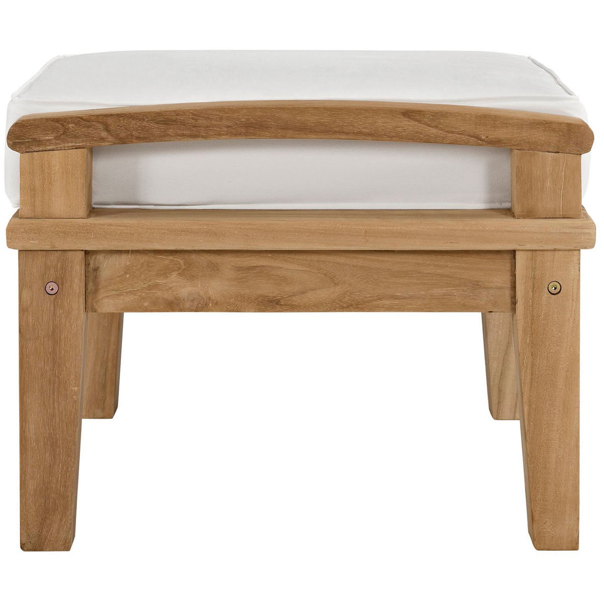 Compact teak patio ottoman with bright white cushion and smooth wood legs. || EEI-1152-NAT-WHI-SET || side_studio
