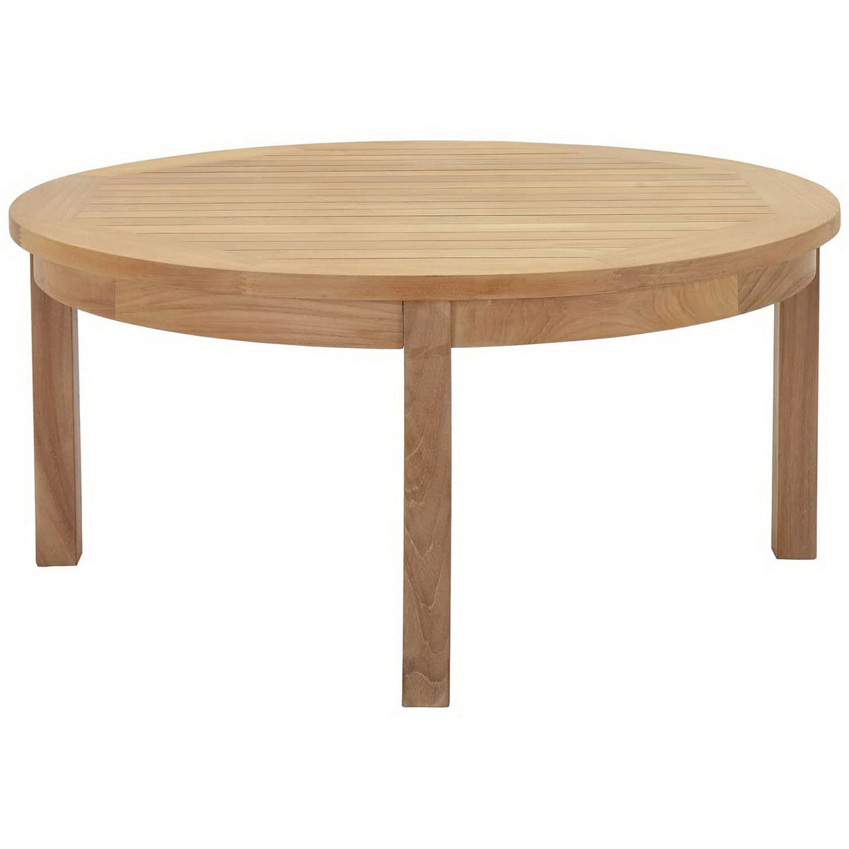 Round teak outdoor coffee table with smooth edges and three sturdy legs. || EEI-1153-NAT || front_angle_studio